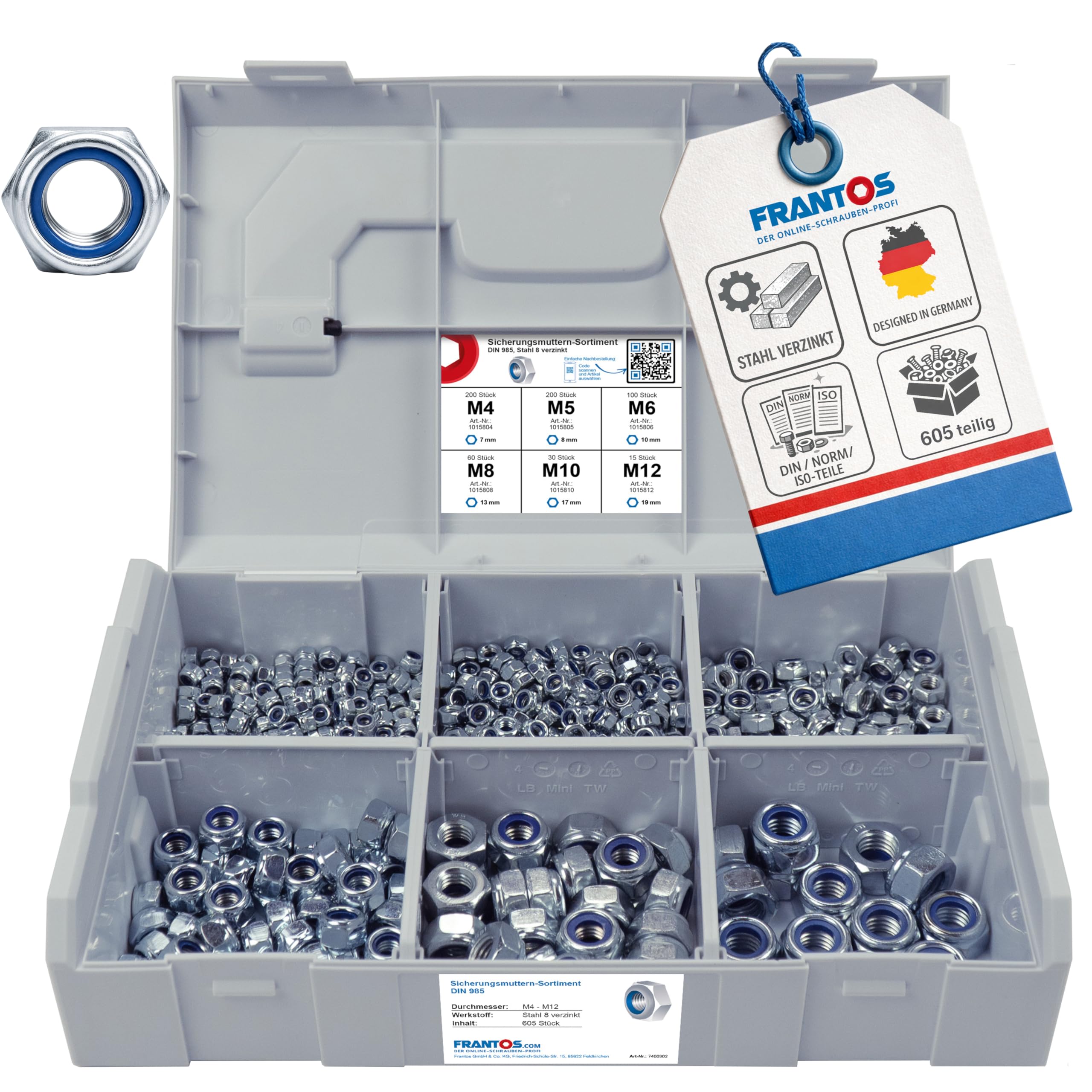 FRANTOS L-BOXX Mini DIN 985 Sicherungsmuttern Sortiment, M4 bis M12 605 tlg. (Stahl verzinkt) - selbstsicherende Sechskant Muttern Stoppmuttern Set