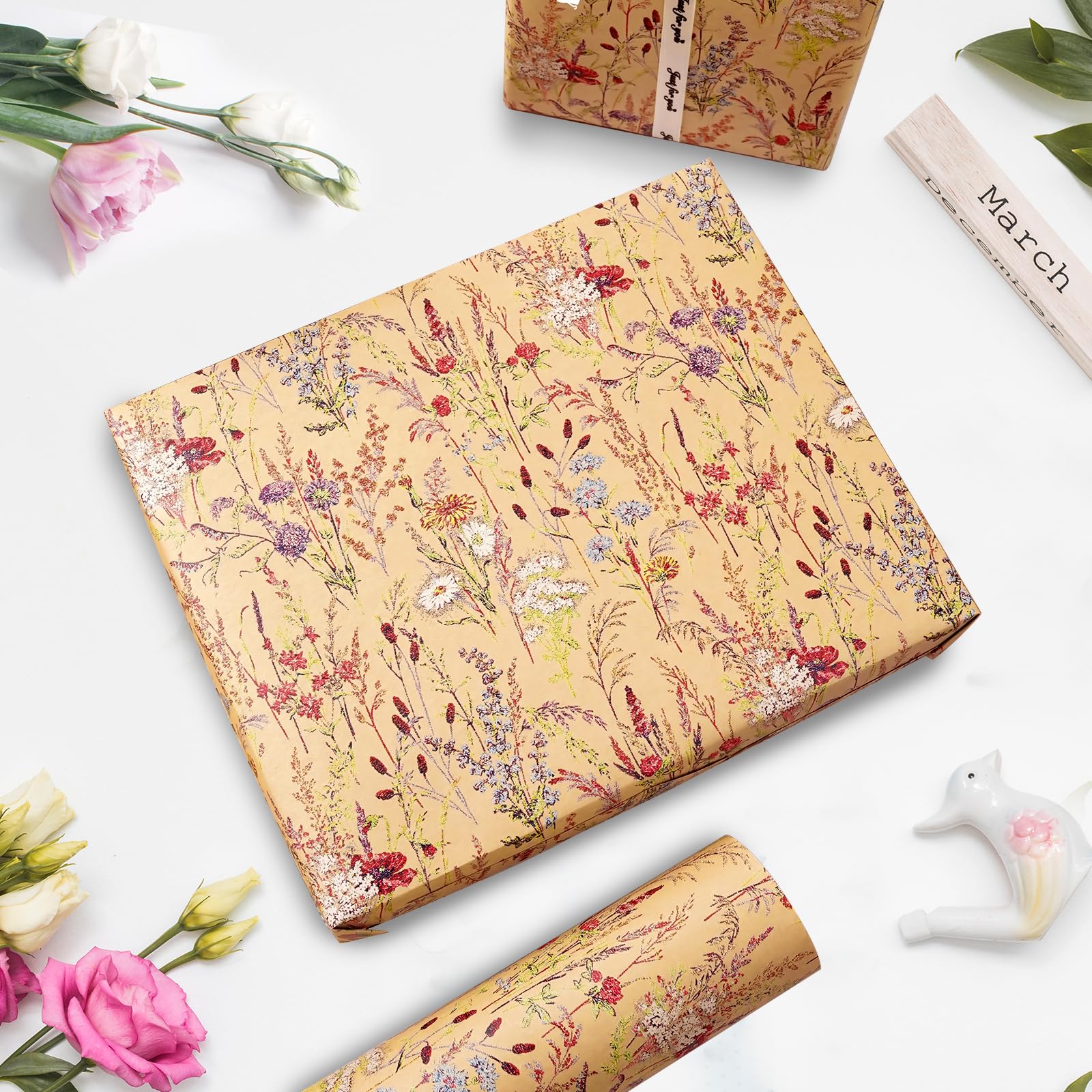 Tyzarglef Geschenkpapier mit Wildblumen-Motiv, 43,2 cm x 100 cm, Kraftpapier, Blumendesign, Geschenkpapier für Frauen, Mädchen, Geschenke, Geburtstage, Hochzeiten, Brautpartys und Verlobungen