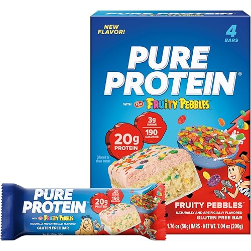 Pure Protein Fruity PEBBLES™ Protein Bars – 20g Protein, 3g Sugar, 190 Calories (4 count) Low Sugar* High Protein Snack – Gluten Free - Perfect for a Healthy Snack.