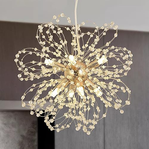 Isamacc Sputnik - Candelabros de cristal de fuegos artificiales, lámpara dorada de diente de león de 8 luces para comedor, lámpara pequeña para