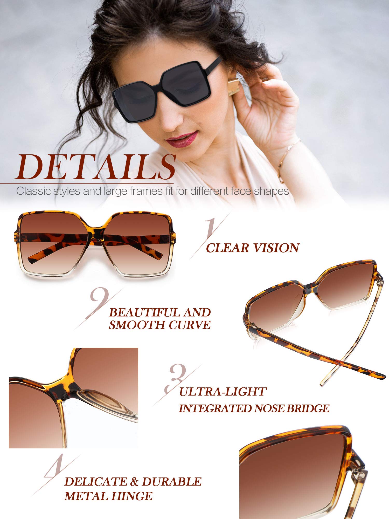 4 Pack Oversized Square Sunglasses Women’s Fashion Shades Bundle iHPH7 Oversized Square Sunglasses for Women, Oversized  main image 4