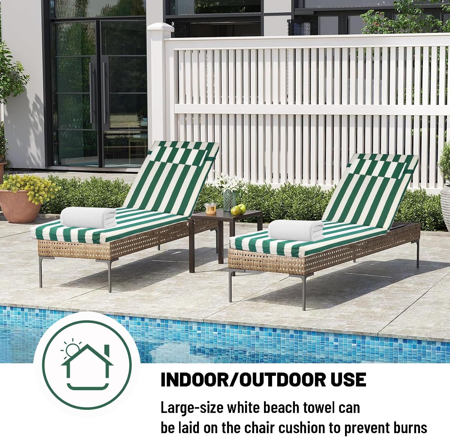 Chaise Lounge Cushions, 72" ×21" High Resilience Sponge Outdoor Lounge Chair Cushion with Removable Headrest, 3" Thicken Pool Waterproof Replacement Cushion (Green white stripes 1pc, 72x21x3 in)