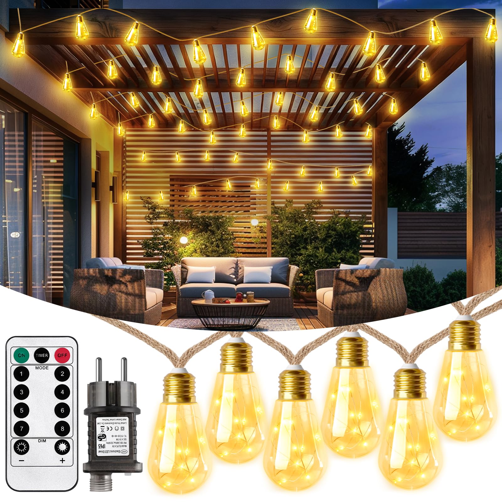 LED Lichterkette Außen Strom Outdoor 10M 20 Glühbirnen Lichterkette Aussen Wetterfest 8 Modi Warmweiß Outdoor Lichterkette mit Stecker Anschließbar für Garten Party Hochzeit Pavilion Balkon