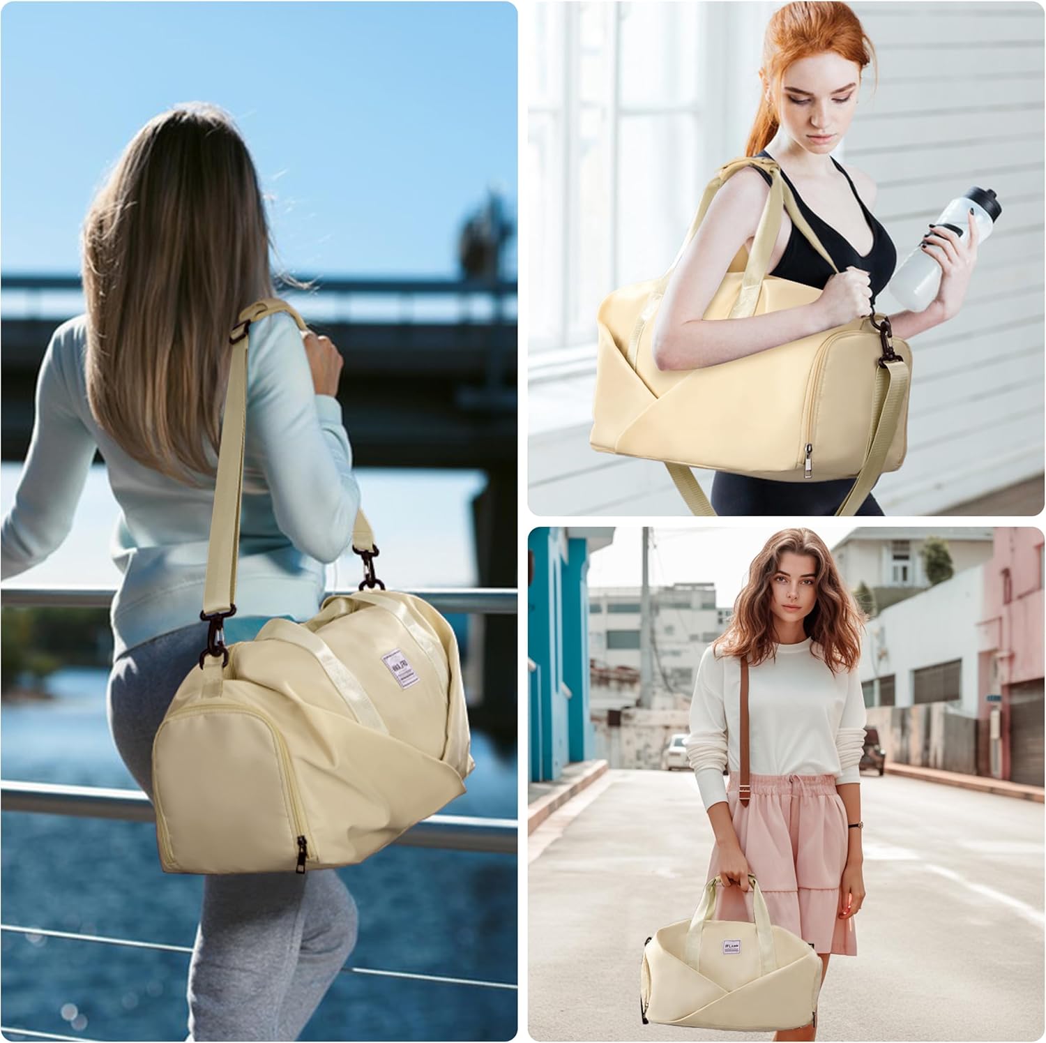 Oflamn Gym Bag for Women Men, Travel Duffle Bag, Sports Tote Gym Bag with Shoe Compartment & Wet Pocket & Trolley Sleeve, Weekender Overnight Bag for Travel Gym Yoga Hospital (Beige)
