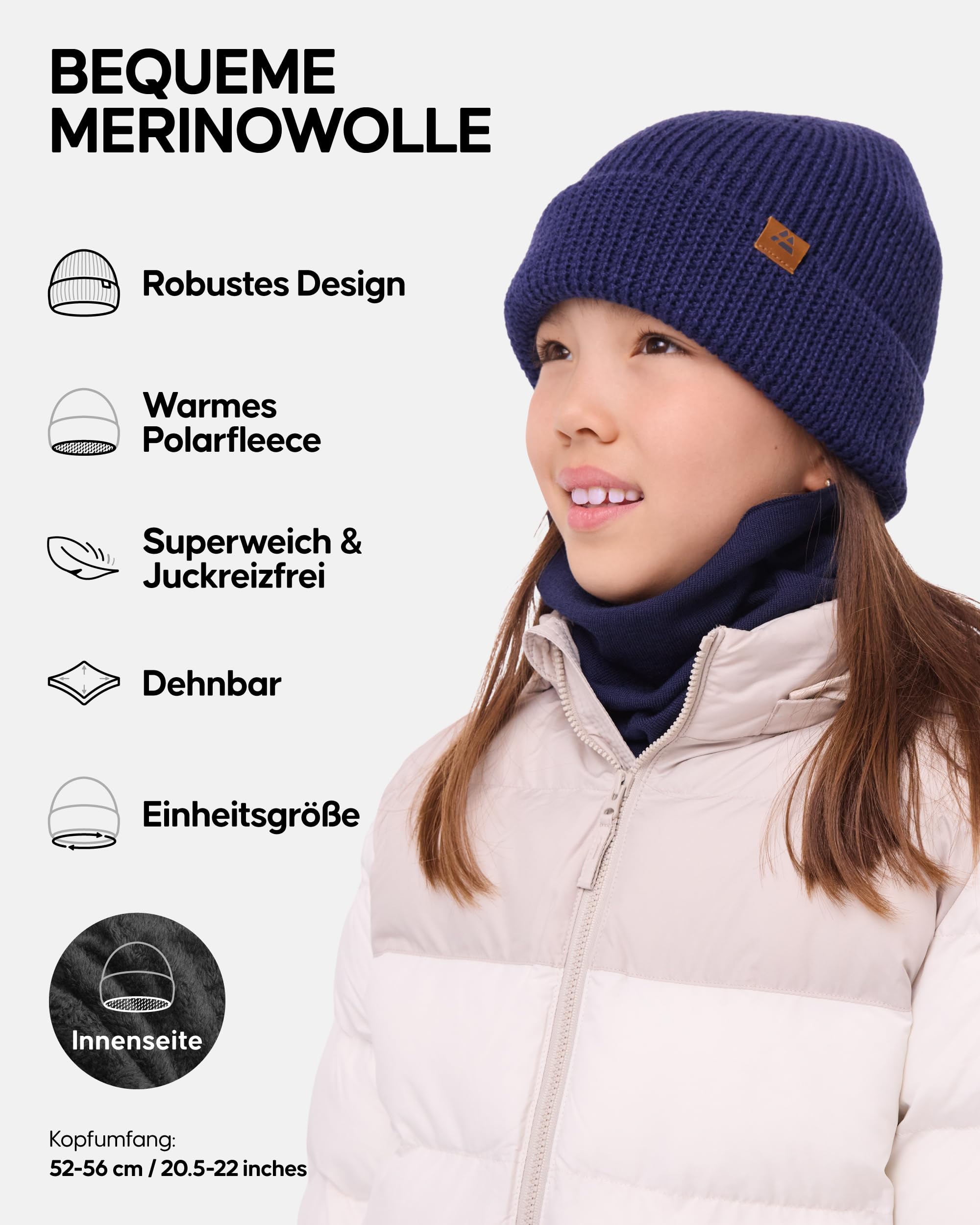 DANISH ENDURANCE Merino Kindermütze mit Fleece, Wintermütze Jungen & Mädchen, Atmungsaktive Beanie