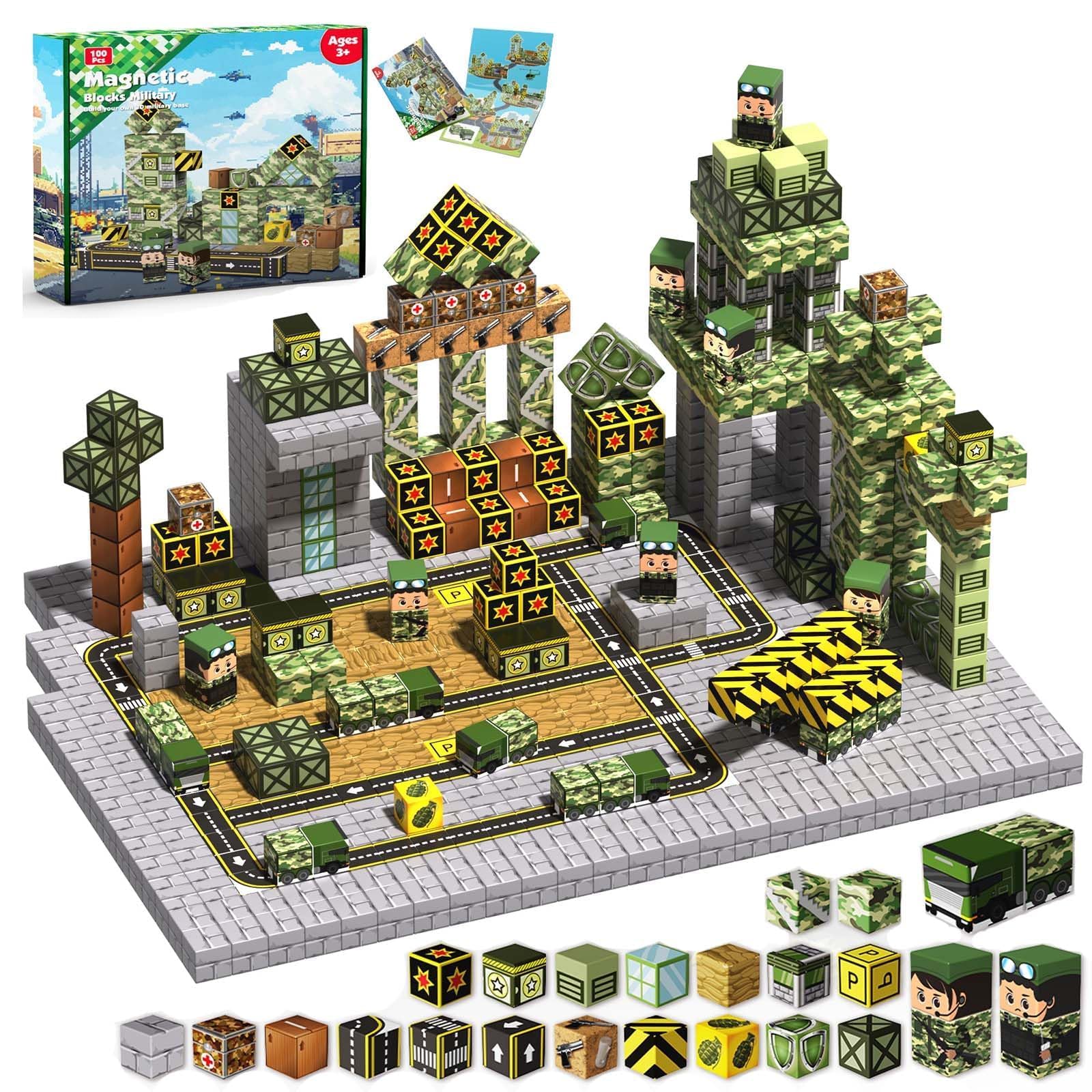 Magnetic Blocks-100PCS Military Building Blocks Set, Kids Classroom Sensory Toy for Toddlers STEM Learning, Construction Stacking Toy for Kids 3+ Boys and Girls Christmas Birthday Gifts Toys