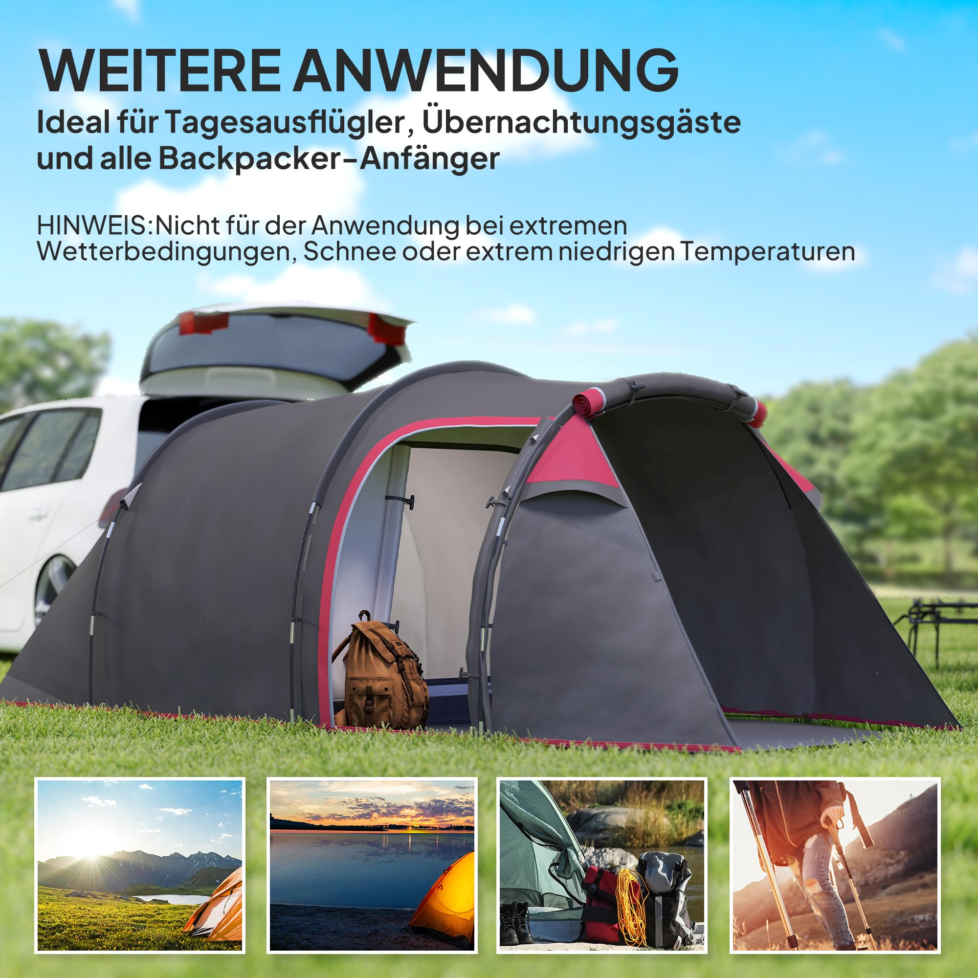 Outsunny Tunnelzelt für 2 Personen, Campingzelt mit Vorraum Lampenhaken 2000mm Wassersäule, Groß wasserdicht Familienzelt, Gruppenzelt für Camping Reise Trekking Garten