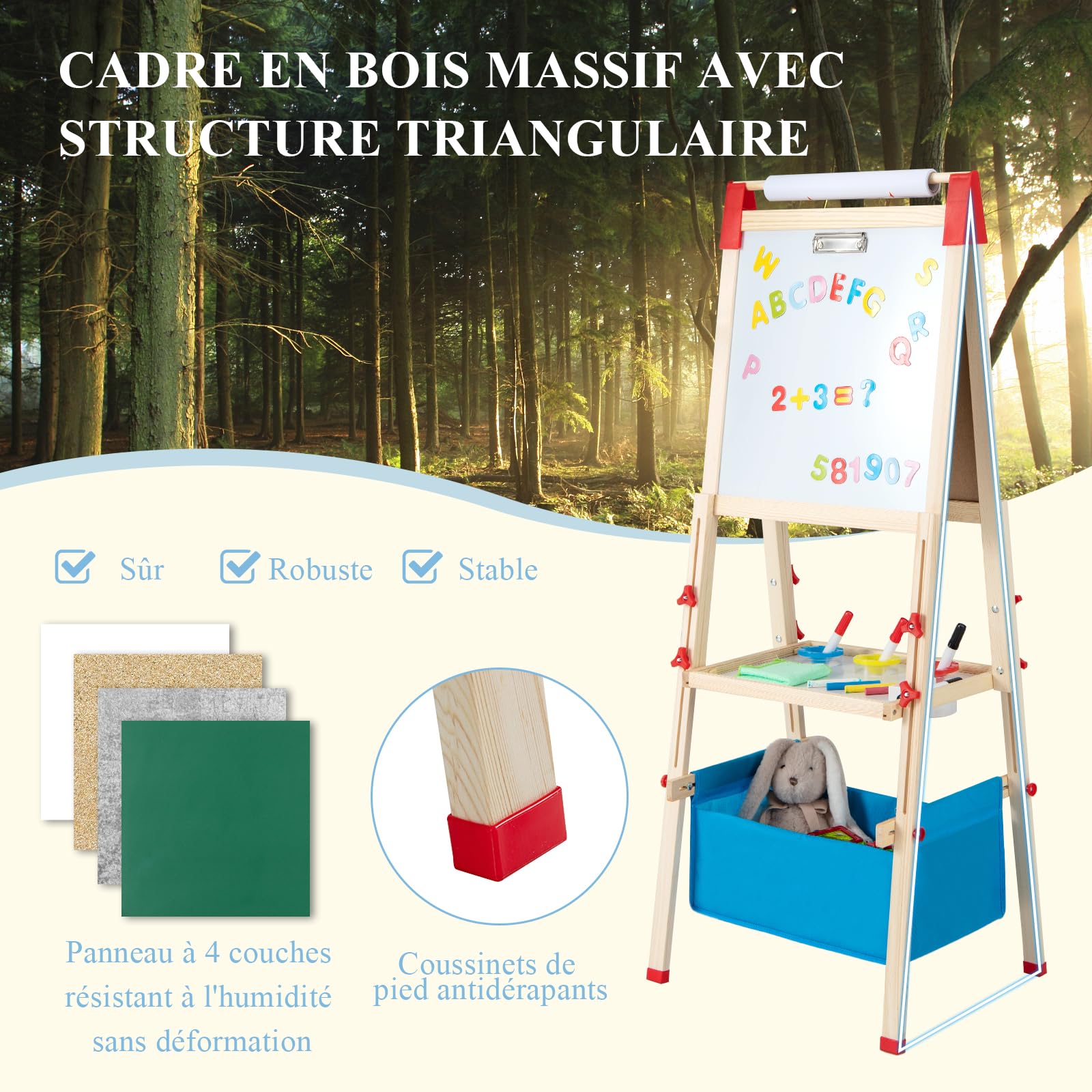GOPLUS Chevalet en Bois pour Enfants Réglable en Hauteur, Double Face Tableau Noir et Blanc Magnétique, Rouleau de Papier Remplaçable, Aimants Lettres et Chiffres, Chevalet d'Art pour Les 3 à 8 Ans
