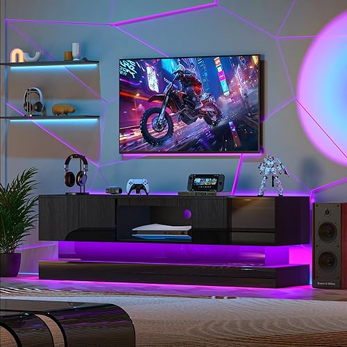 Miniatura 2 de Soporte de TV LED de alto brillo negro de 63 pulgadas con paneles laterales para TV de 50, 55, 60, 65, 70, 75 pulgadas, centro de entretenimiento