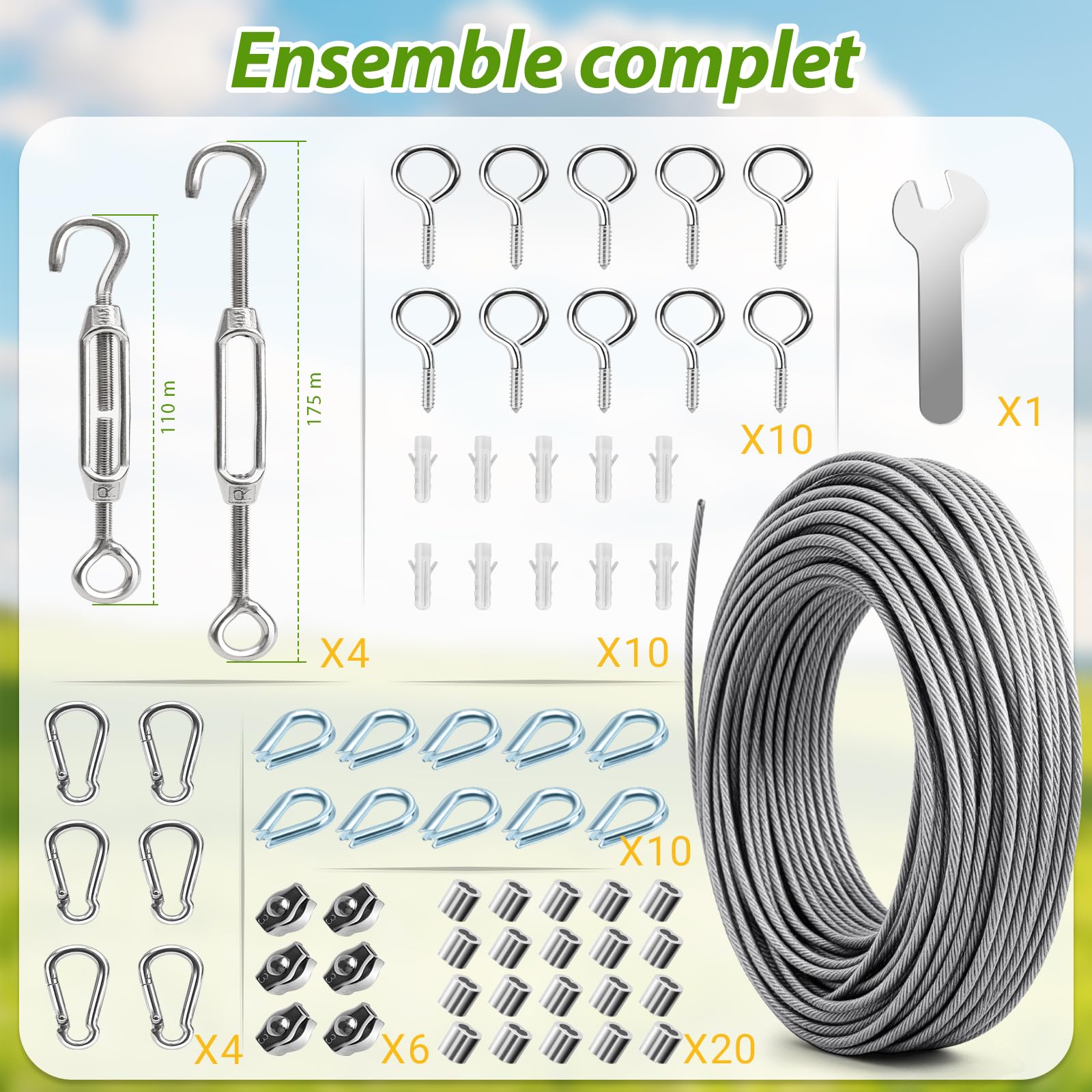 ovsor Kit Câble Acier Inoxydable 2 mm x 35 m 65 Pièces | Câble inox 304 résistant avec tendeur, idéal pour plantes grimpantes, corde à linge, tentes et suspensions de luminaires.