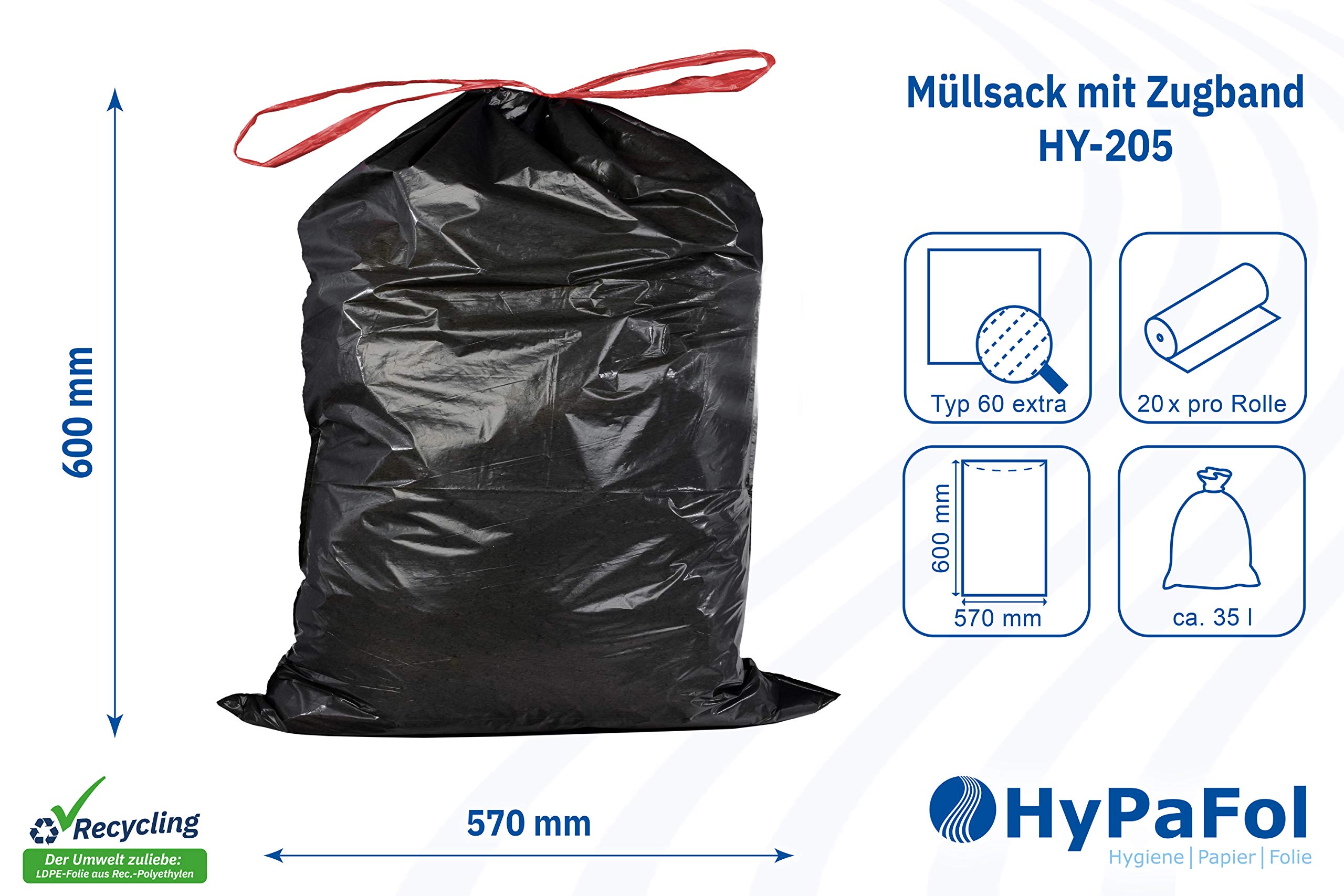 Hypafol Müllbeutel Typ 60 mit Zugband 35l I Abfallsack für 