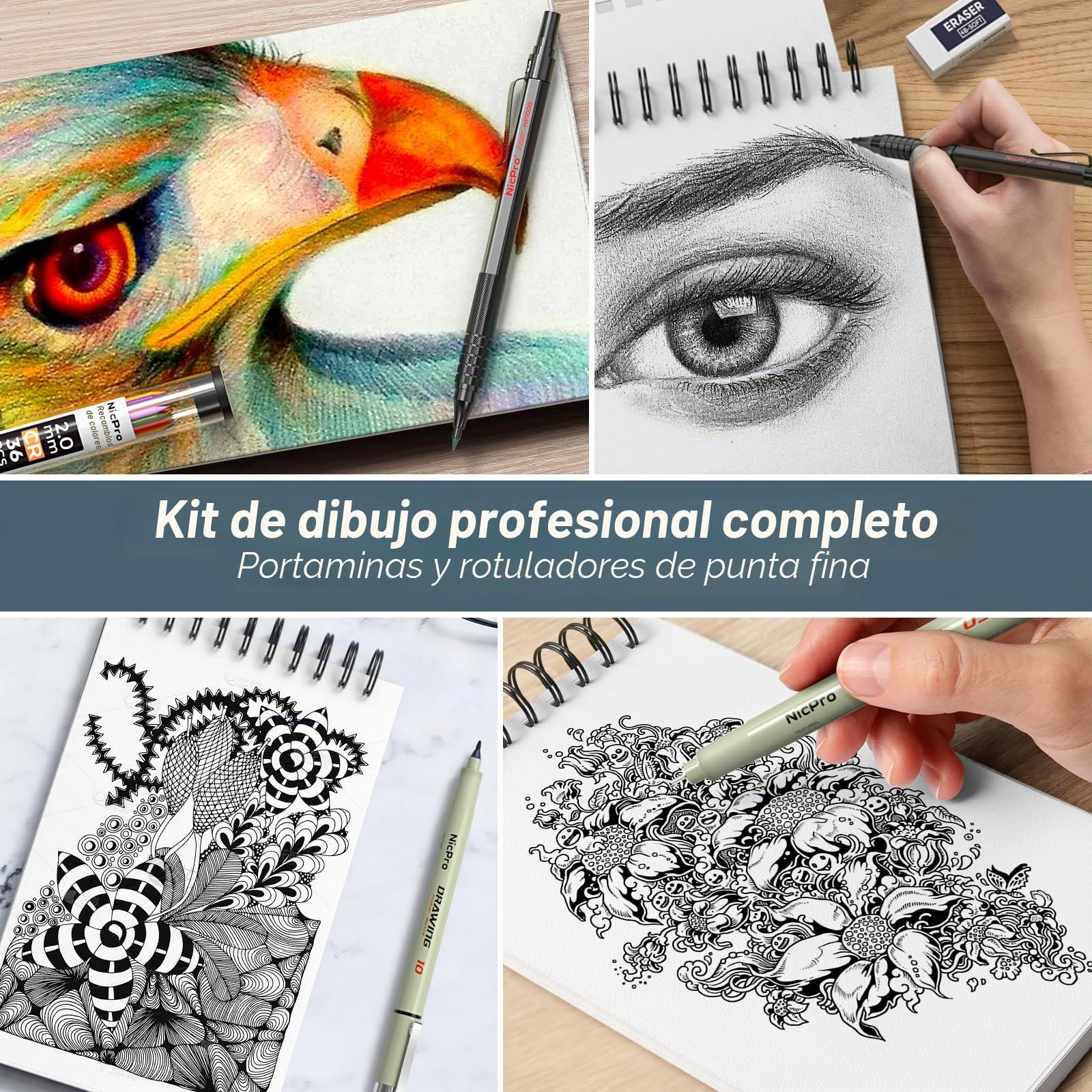 Nicpro 58 piezas suministros de dibujo artístico, portaminas mecánicas MP1000 de metal negro 0,5 0,7 0,9 y 2 mm, bolígrafo de 12 micras, cuaderno de bocetos y 30 tubos de recarga de mina