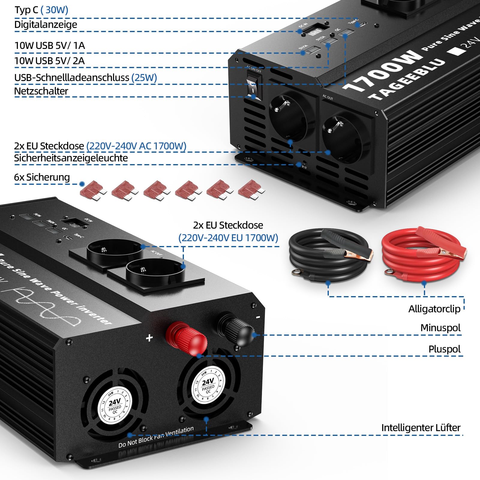1700W inverter 24v 220v Onda Pura con Display LCD, 4 EU Presa, 4 ports USB et Tipo C 30W
