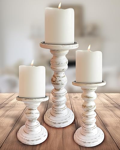 Portavelas grandes para velas de pilar (juego de 3 piezas) altos de madera rústica para velas de pilar de 4 pulgadas de ancho, decoración moderna de