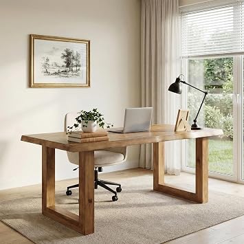 TRIBEWOOD Solid Wood Home Office Desk, 63" Live Edge Executive Desk | Pine Wood Computer Table Bussiness Workstation for Office, Conference Room, Study Room Brown