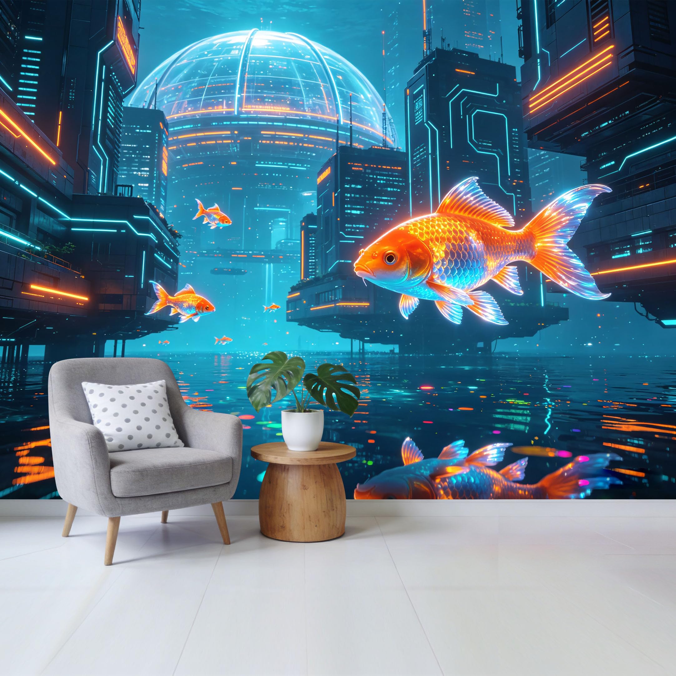 Qzlithotic Yq2605251032 Custom Size Wall Mural Neon Cyberpunk Cityscape Golden Koi Fish Underwater 3D Futuristic Architecture Selfadhesive Wall Fabric Removable Wallpaper For Home Office Decor