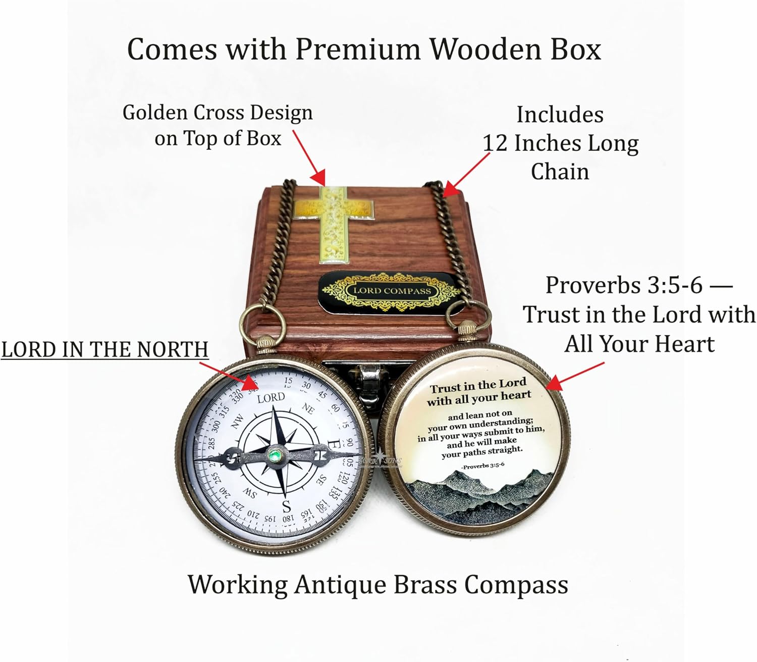 M.A & SONS Antique Brass Compass with Wooden Box – 2 Inch Pocket Compass with Chain | Bible Verse Proverbs 3:5-6 | Premium Christian Gift with Polished Finish & Inspirational Design
