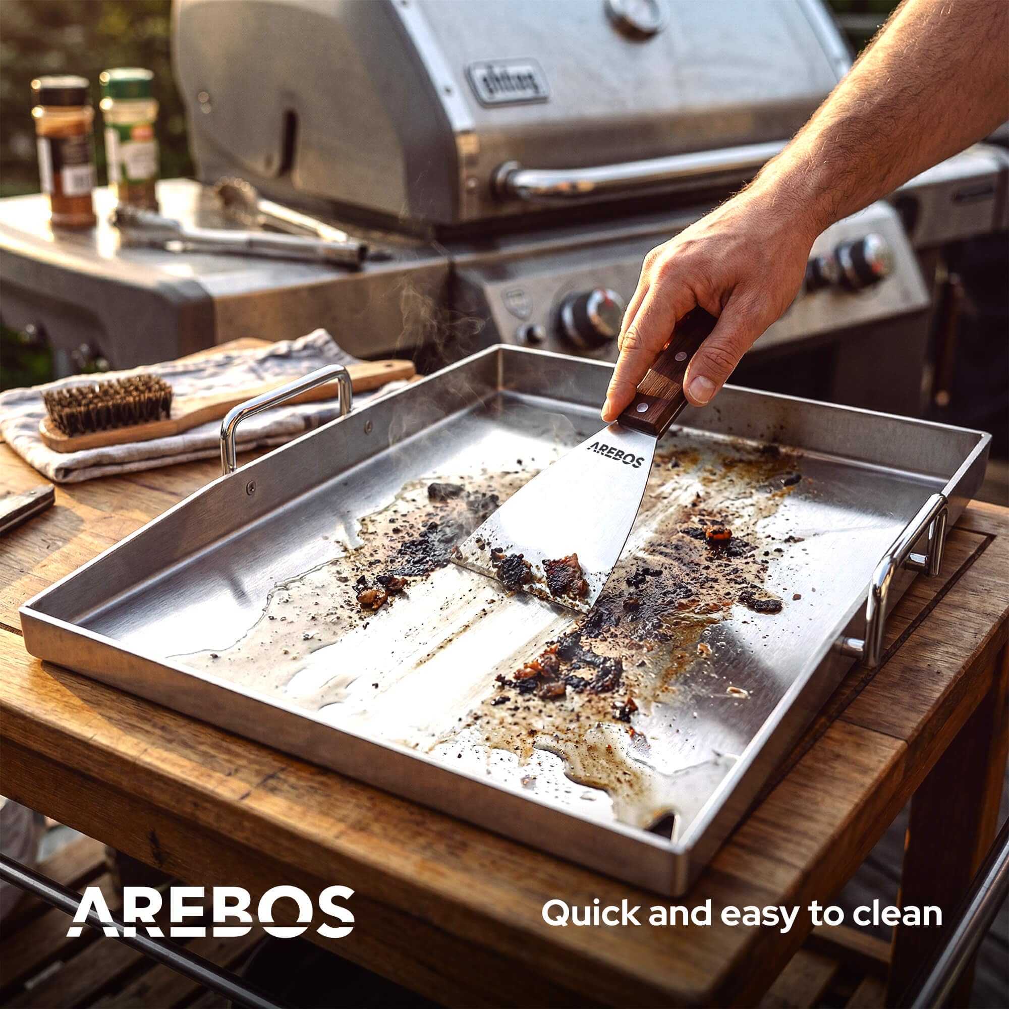 Arebos Płyta Grillowa ze Stali Nierdzewnej 40x30 cm | Plancha do Grilla Gazowego i BBQ | Grubość 4 mm | Odporna do 800°C | Odpływ Tłuszczu | 2 Szpatułki i 5 Szaszłyków w Zestawie
