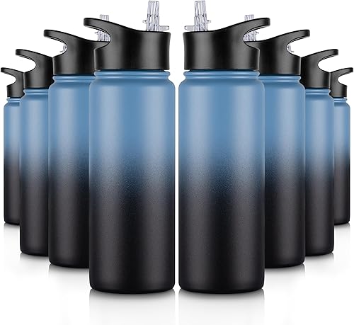 Miniatura 87 de Paquete de 8 botellas de agua deportivas de acero inoxidable con aislamiento de 32 oz, botellas de agua con tapa de pajita y tapas de boca ancha,