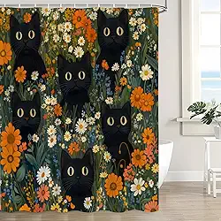 Cortina de chuveiro de gato fofo boêmio flor moderna estética aquarela floral divertido gatinho exclusivo chique decoração de banho cortina com ganchos