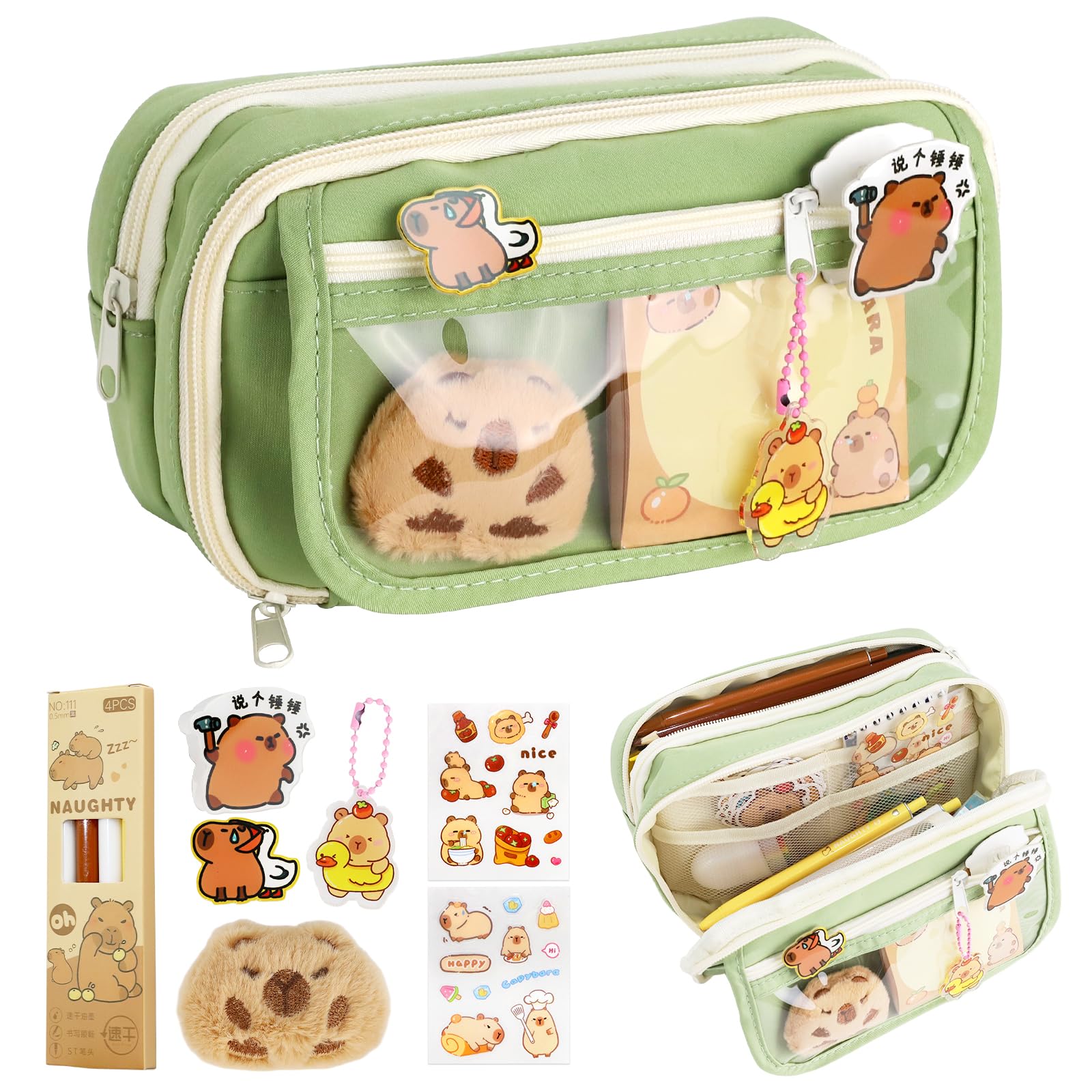 FYSL Federmäppchen mit Capybara Motiv, Großes Schlampermäppchen mit 9-Fach Organizer, Stiften, Stickern, Anhänger für Schule, College, Reisen, Capybara Geschenkset (Grün 9 Fach)
