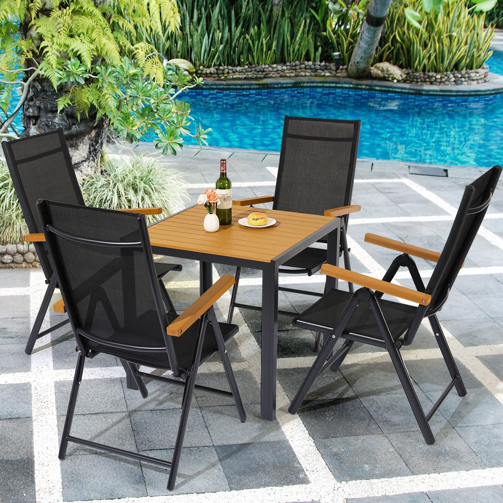LIFERUN Gartentisch Aluminium, 75x75cm WPC Balkontisch Wetterfest, Quadratischer Terrassentisch, Rutschfester Esstisch Outdoor, Teakbraun
