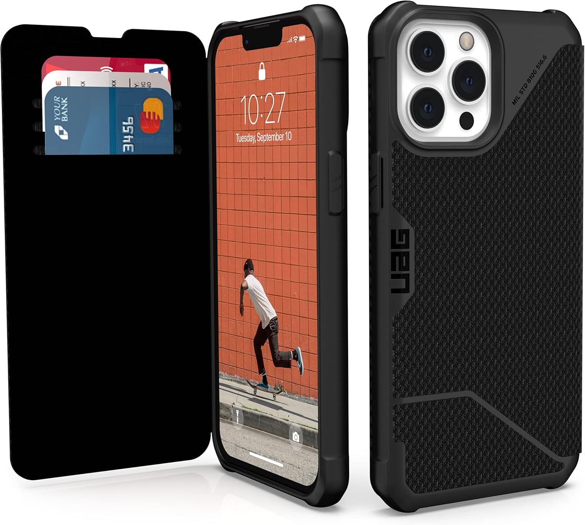 URBAN ARMOR GEAR UAG Designed for iPhone 13 Pro Max Case Kevlar Black Flip Folio Cover with Card Slots and Viewing Stand Feather-Light Rugged Metropolis Protective Cover, [6.7 inch Screen]