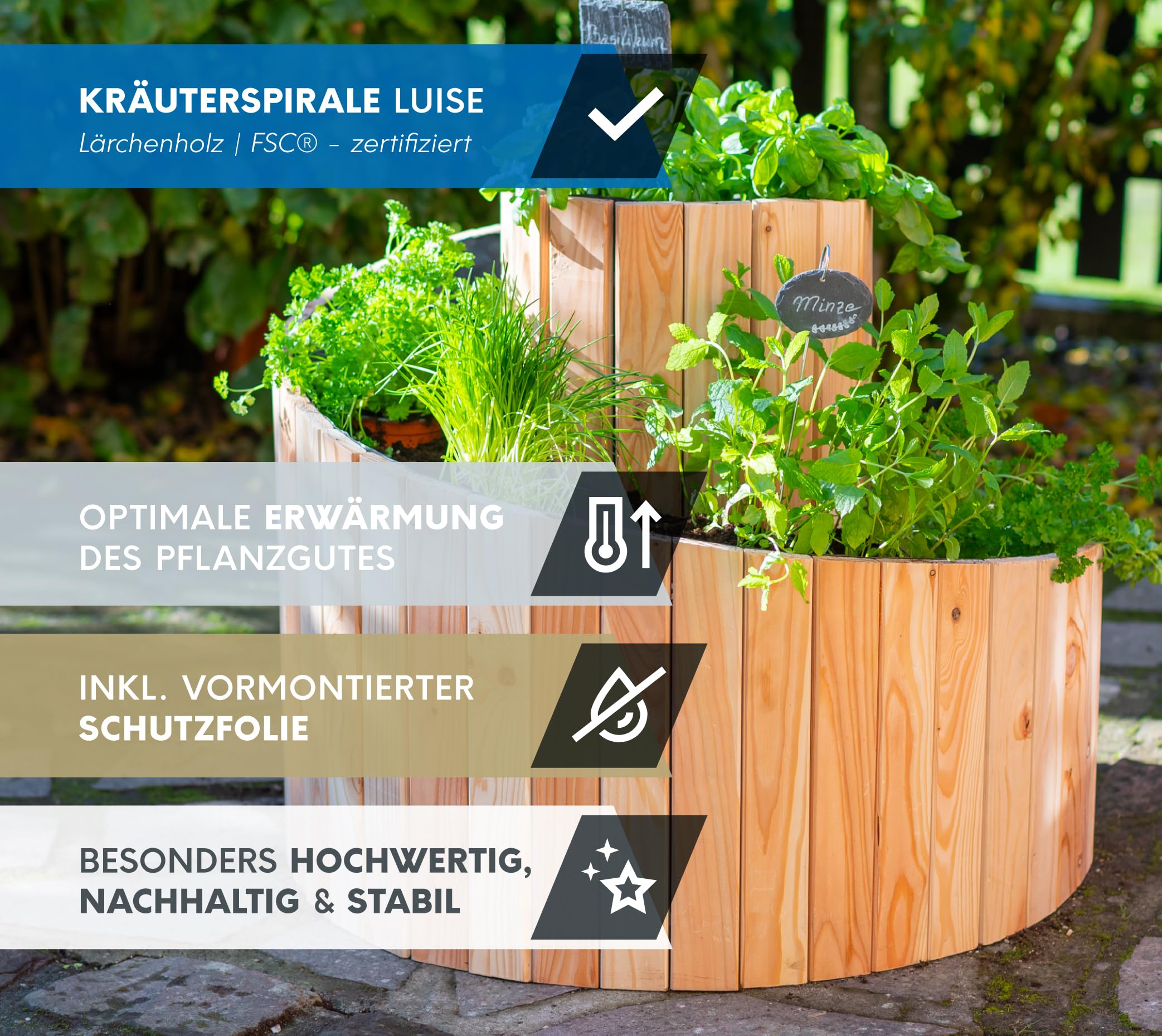 WESTMANN Kräuterschnecke aus Holz – Kräuterbeet für Garten, Terrasse und Balkon – Holz- & Frühbeet zum Bepflanzen von Kräutern oder Blumen – Blumenkasten für Hobbygärtner - 55x55x74 cm (BxTxH)