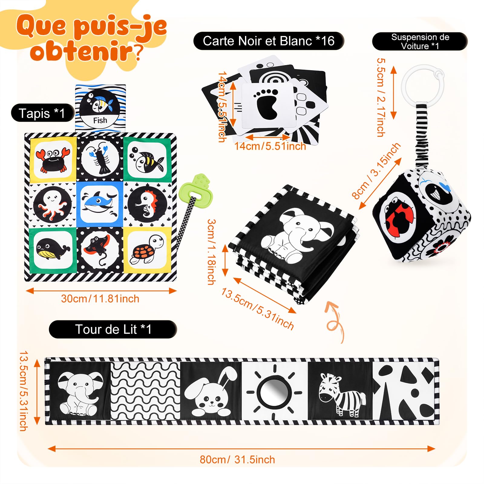 HappyKidsClub Jouet Livre Tissu Montessori Bébé Eveil 0-12 Mois Carte Noir et Blanc Bébé Cadeau Naissance Fille Garcon Jouet Sensoriel Hochet Bebe