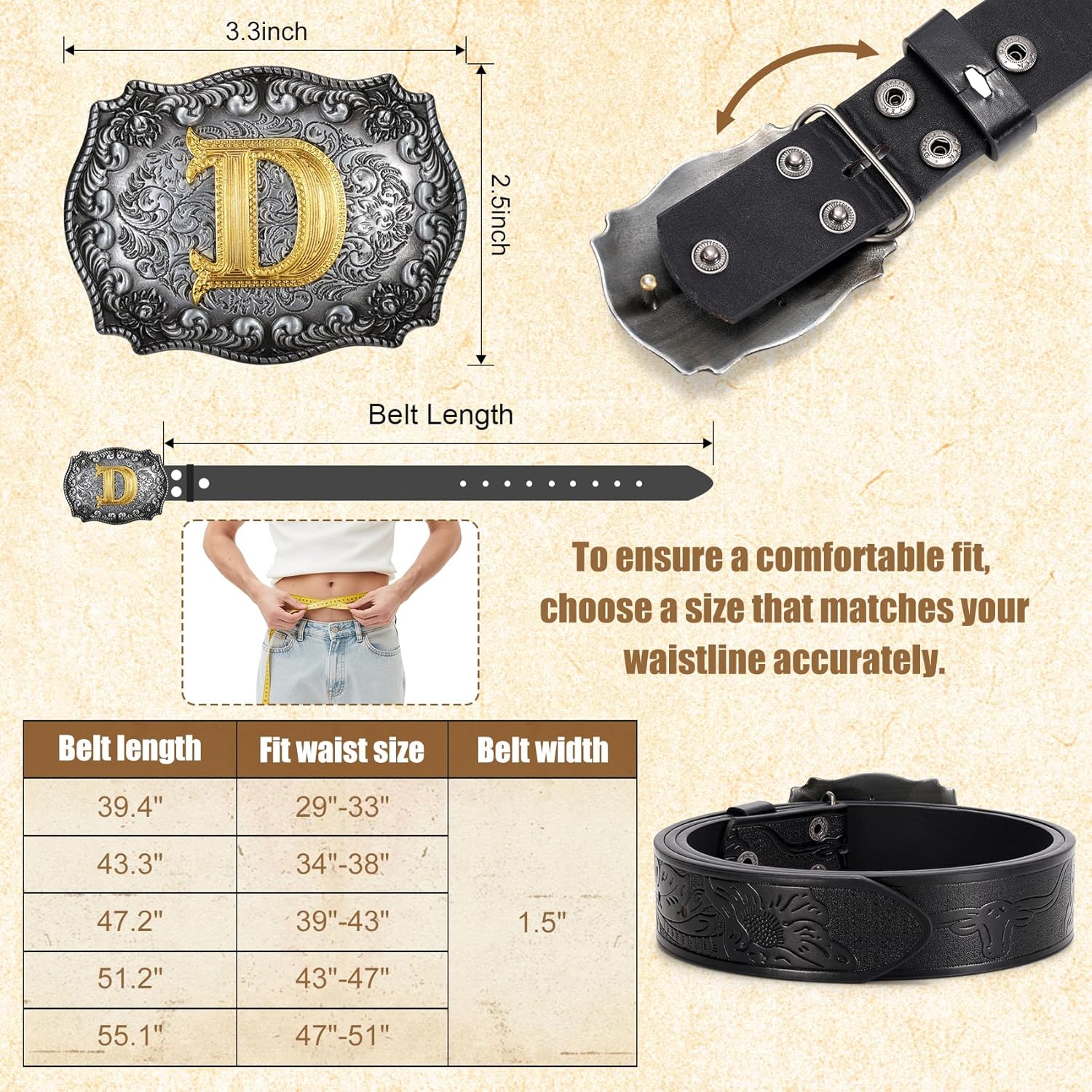TRIWORKS Cowboy Belt for Men Women Western Belt Initial Letter A to Z Buckle with Engraved Cowboy Leather Belt - Image 6