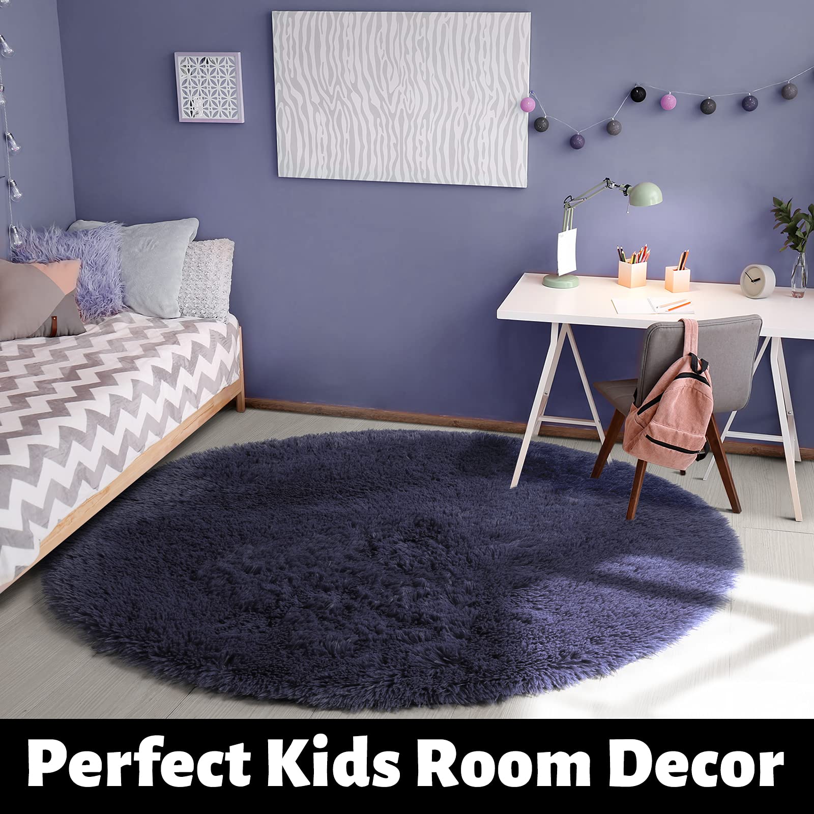 Tapis rond à poils longs pour chambre à coucher, chambre d’enfant ou dortoir, tapis pelucheux et moelleux, décoration mignonne pour bébé/adolescent, 1,8 x 1,8 m, gris