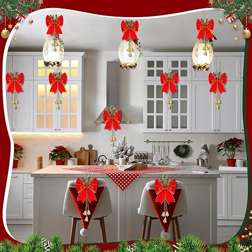Miniatura 3 de 12 Pcs Christmas Bows with Pine Cones, Wreath Ornaments, Bell Tree Toppers for Xmas Party Decoration, Kitchen Cabinet (Red)