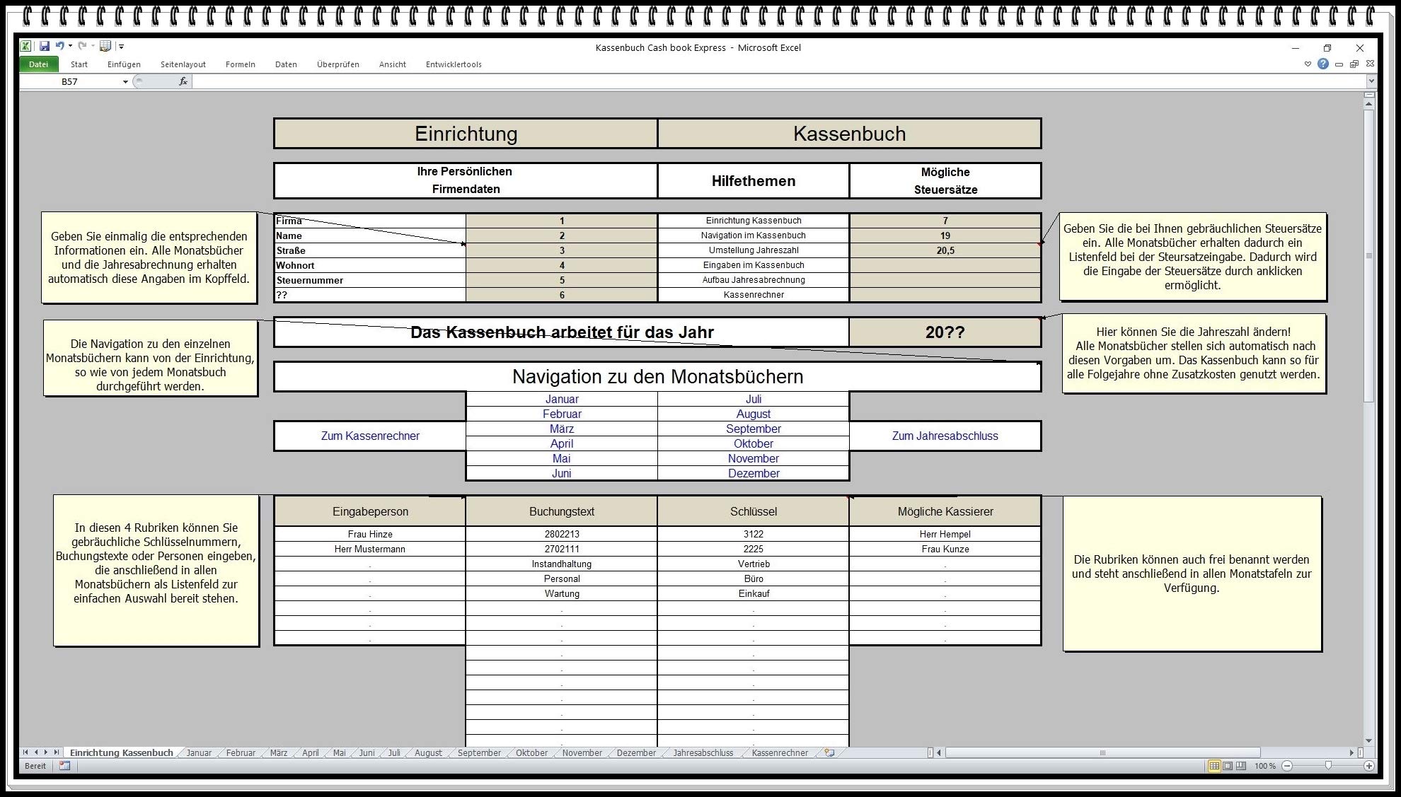 Elektronisches Kassenbuch-Software zur Berechnung von Einnahmen-Ausgaben-Überschuss Excel App auch 5% ud 16% MwSt
