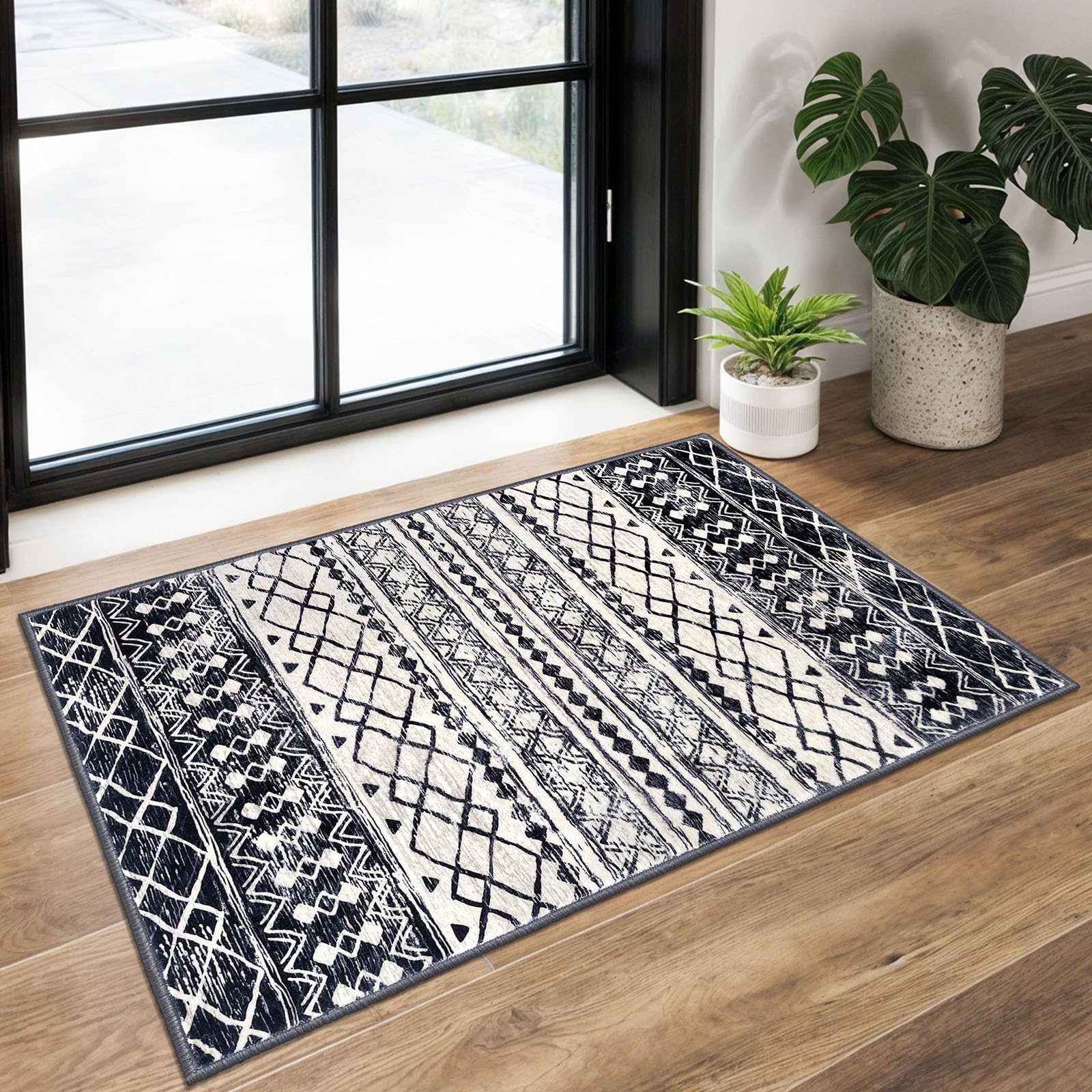 KUTA Moroccan Area Rugs 2x3, Black Navy Blue Entryway Rug Non-Slip Washable Small Indoor Door Mat, Ultra Soft Print Vintage Geometric Low-Pile Floor