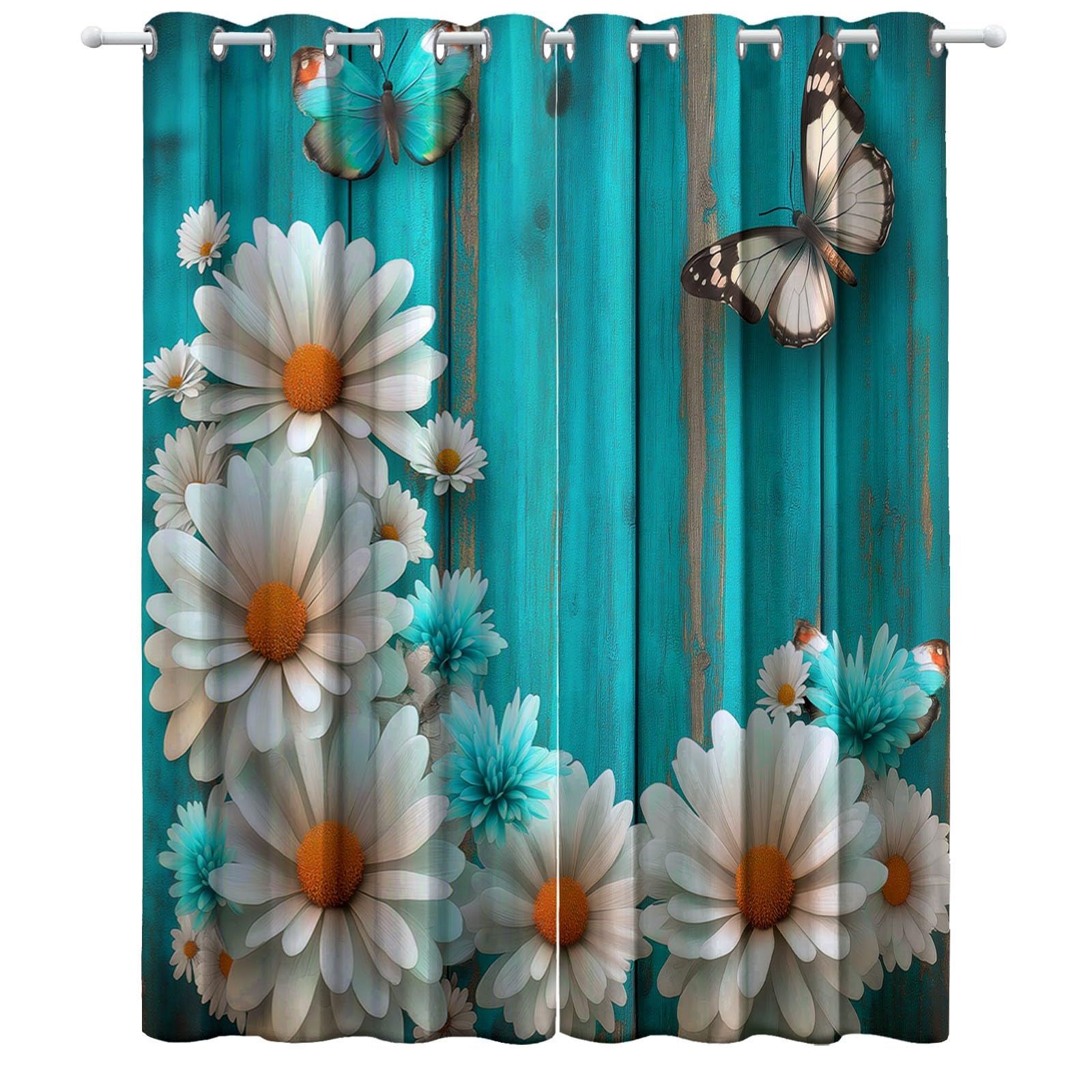 Zasłony zaciemniające 3D, kwiaty, stokrotki, motyle, termiczne, ochrona przed zimnem, ochrona przed hałasem, nieprzejrzyste, do sypialni, 234 x 229 cm, niebiesko-zielone, zestaw 2 sztuk