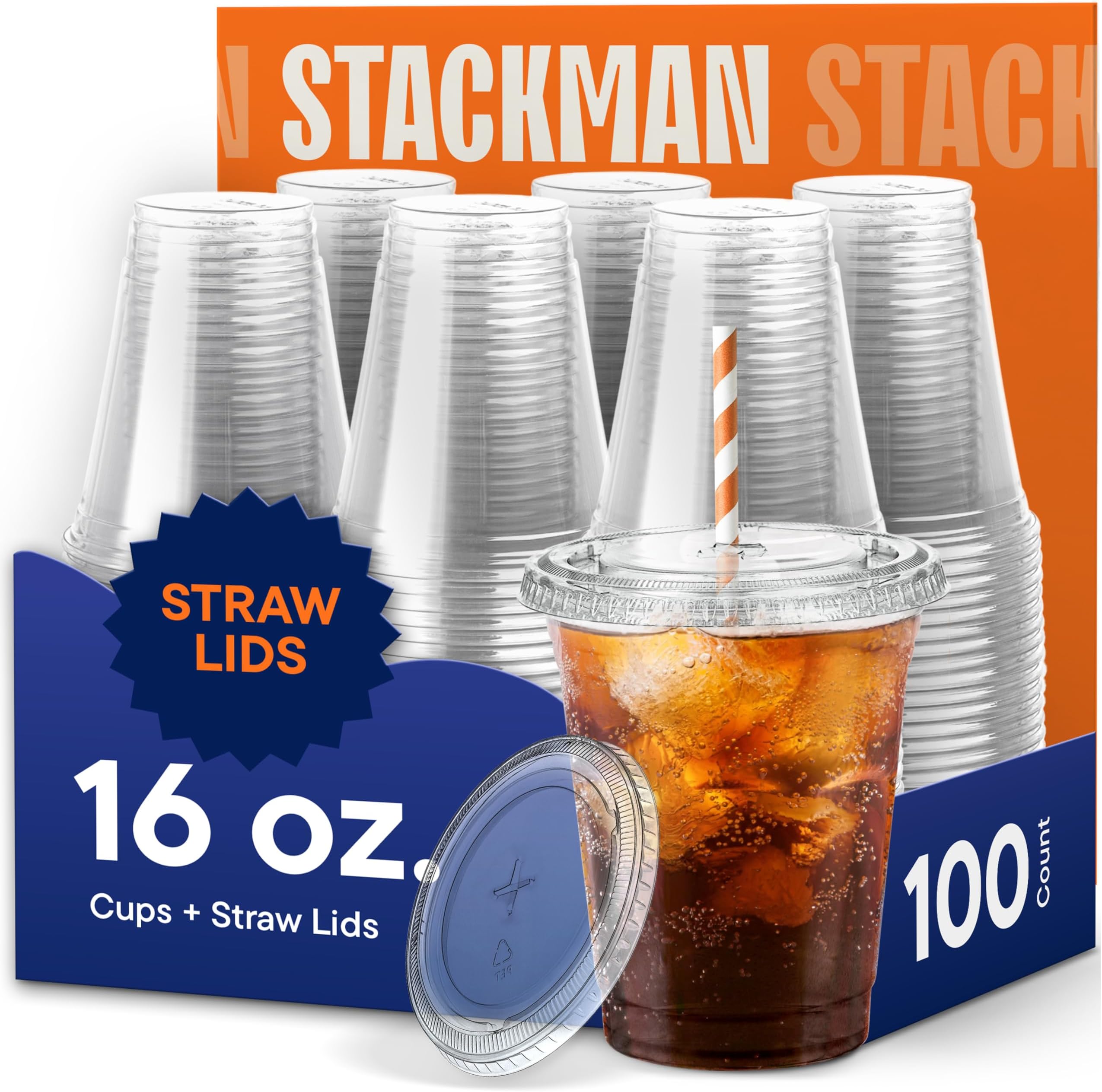 16 oz Clear Plastic Cups with Straw-Slot Lids [100 Sets] PET Crystal Clear Disposable Cups with Lids - Durable Cup. BPA Free + Crack Resistant, for Coffee, Juice, Shakes