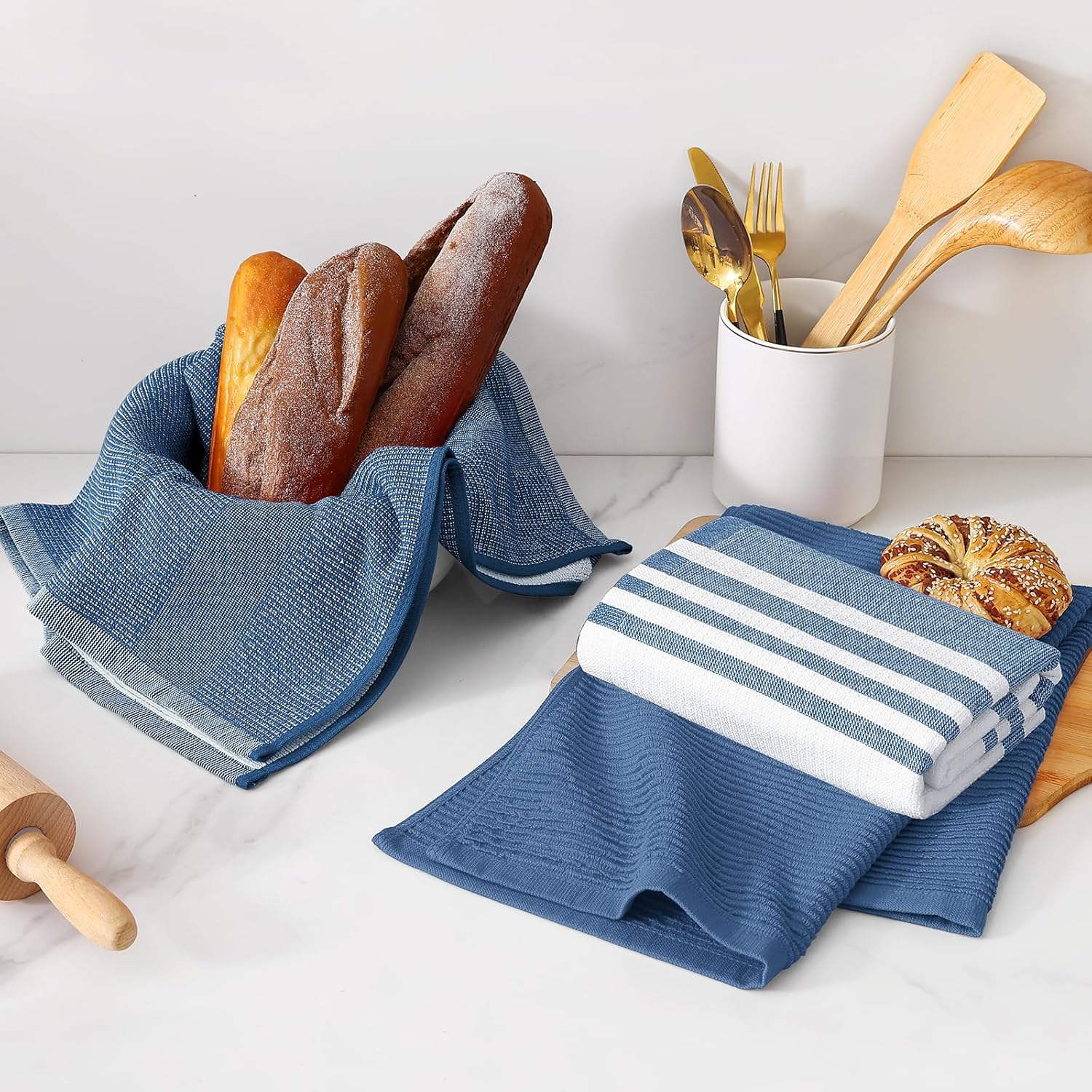 Homaxy Premium Kitchen Towels(18”x 28”, 6 Pack), Large Cotton 380 GSM Kitchen Hand Towels, Soft and Absorbent Terry Dish Towels, Multipurpose Tea Towel Set with Hanging Loop, Navy Blue - Image 6