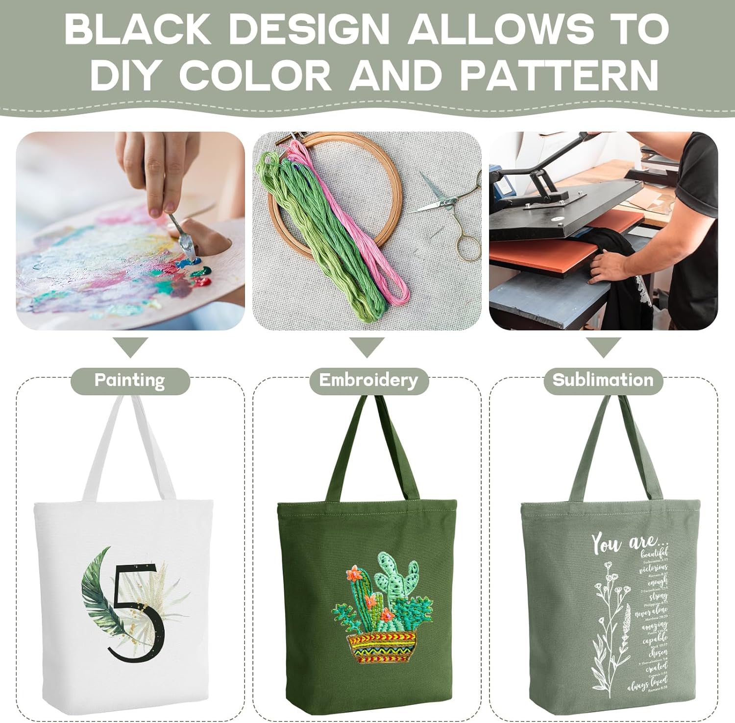 Reginary Reusable Canvas Grocery Shopping Tote Bag Bulk with Zipper Employee Staff Appreciation Gift for Valentine Galentine(Green,White,5 Pcs) - Image 5