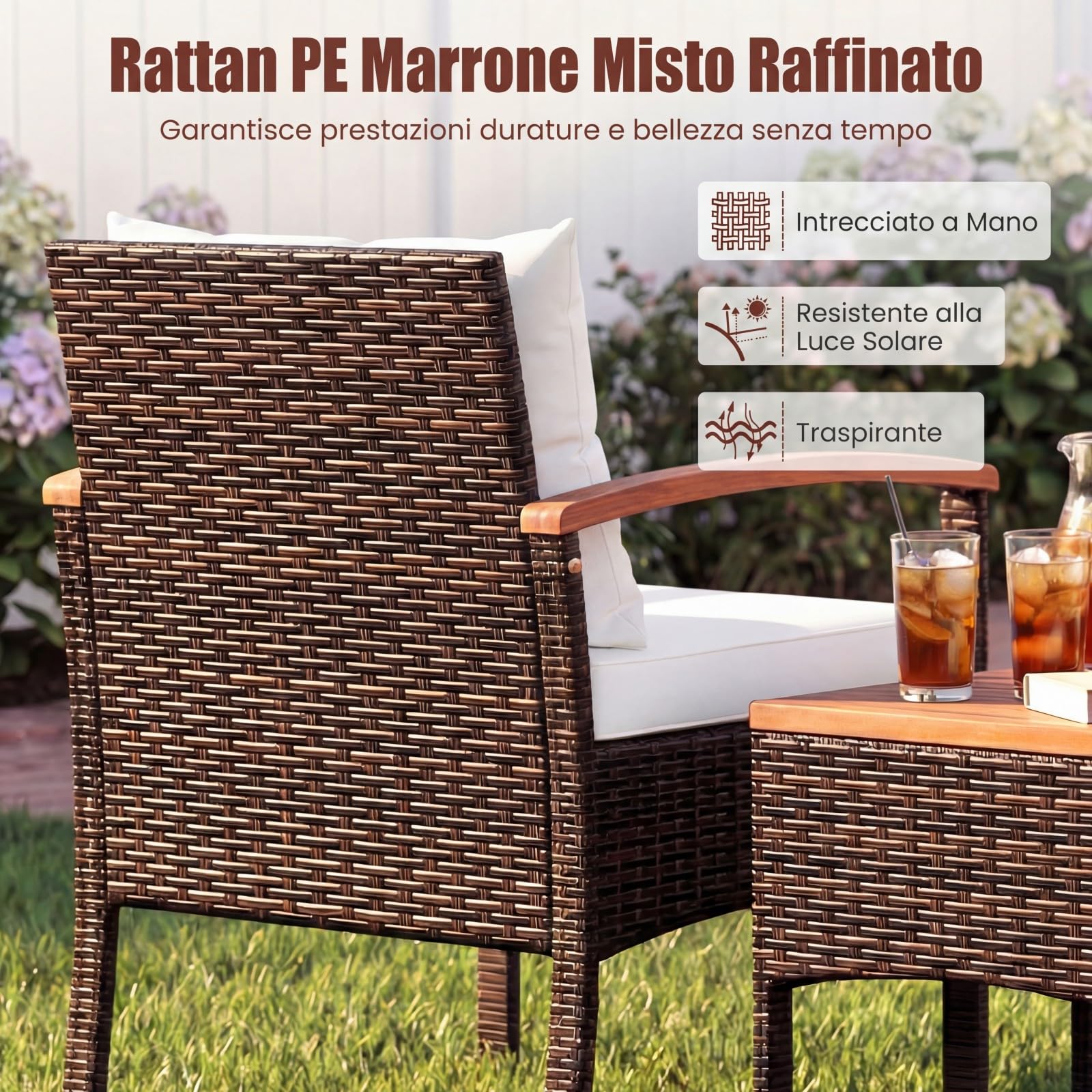 COSTWAY Set Salotto da Giardino per 2 Persone, Poltrone da Giardino in Rattan e Legno con Tavolino Laterale, Salottino da 3 Pezzi con Cuscini per Cortile, Veranda e Balcone (Bianco)