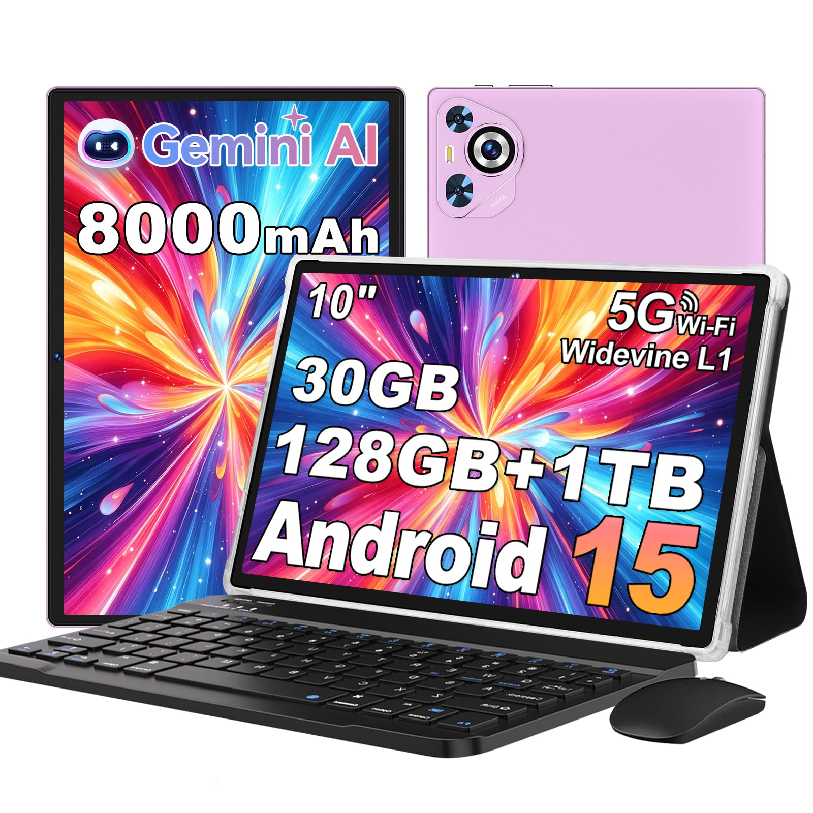 2025 Android 15 Tablet, 30G+128G/1TB Expansion, 10 inch Tablets with 8000 mAh Battery, Octa-Core, GPS, Split-Screen, Face Unlock, 2 in 1 Tablet with Keyboard, Mouse, Case,Purple-image-47