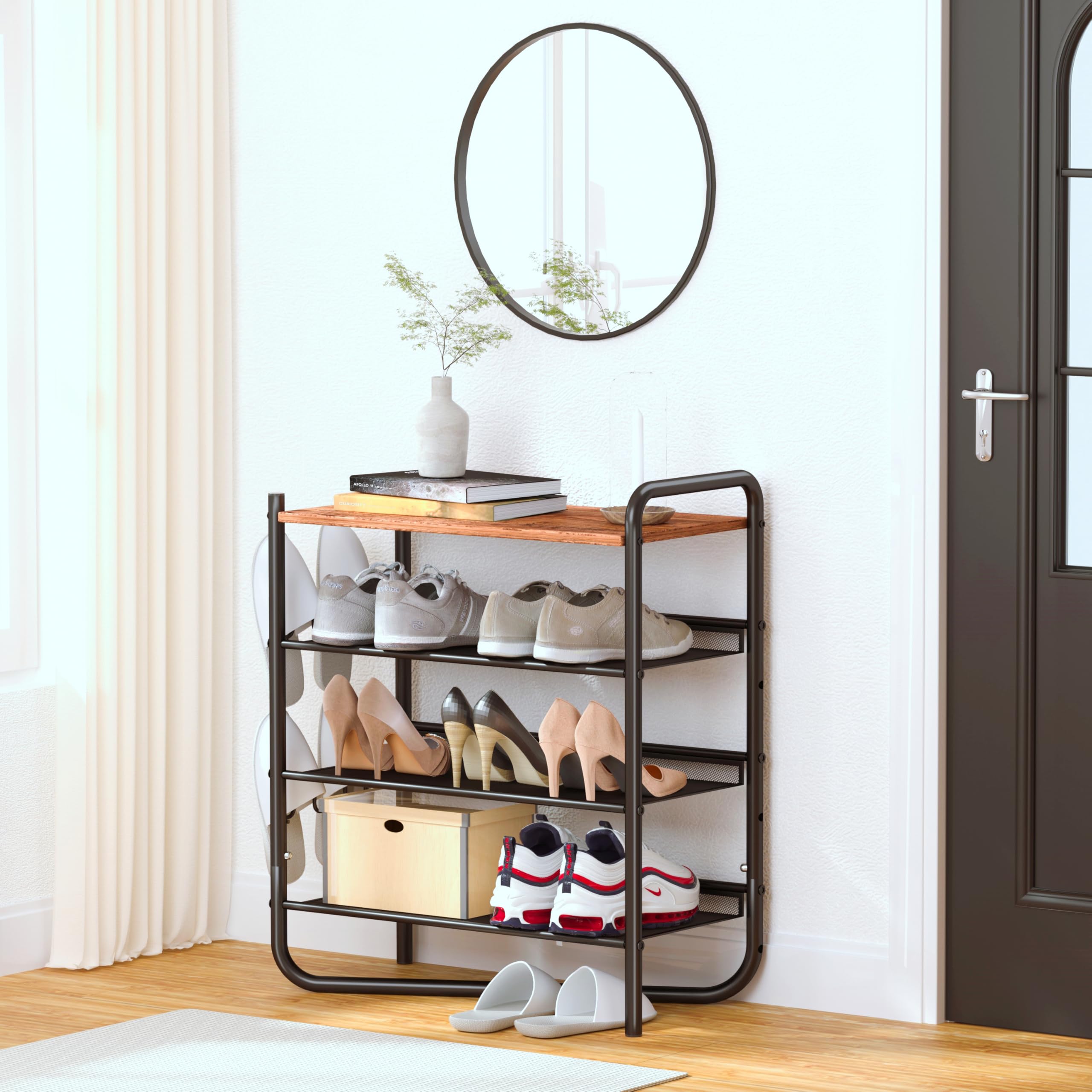 CHEMPFR Industrial Shoe Rack 4-Tier with Wooden Top - Heavy Duty Metal Frame, Space Saving Entryway Organizer Holds 16 Pairs, 25x12x28 Inch