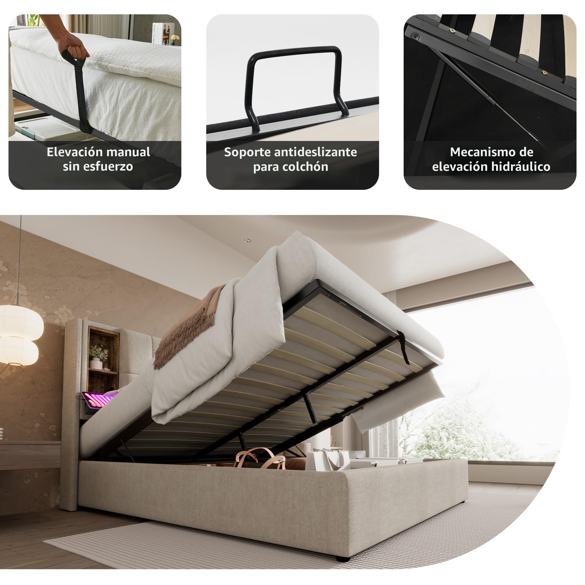 Camas matrimoniales, con Carga inalámbrica USB C, somier 160x200cm, somier con Espacio de Almacenamiento, Camas Infantiles, canape 160x200, algodón Gris (sin colchón)