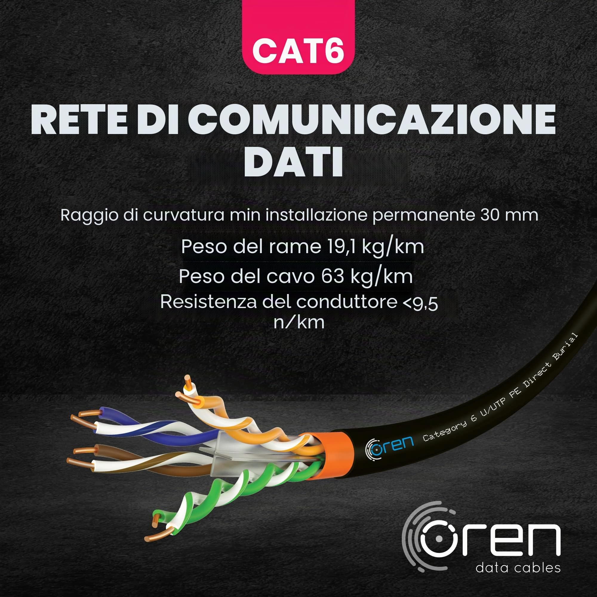 Oren CAT6 100m Cavo Ethernet da Esterno - Interramento Diretto - 23 AWG Cavo in Rame Nudo- 400 MHz Larghezza Banda UTP Cavo di Rete LAN Internet- senza alogeni, anticorrosivo – Gigabit