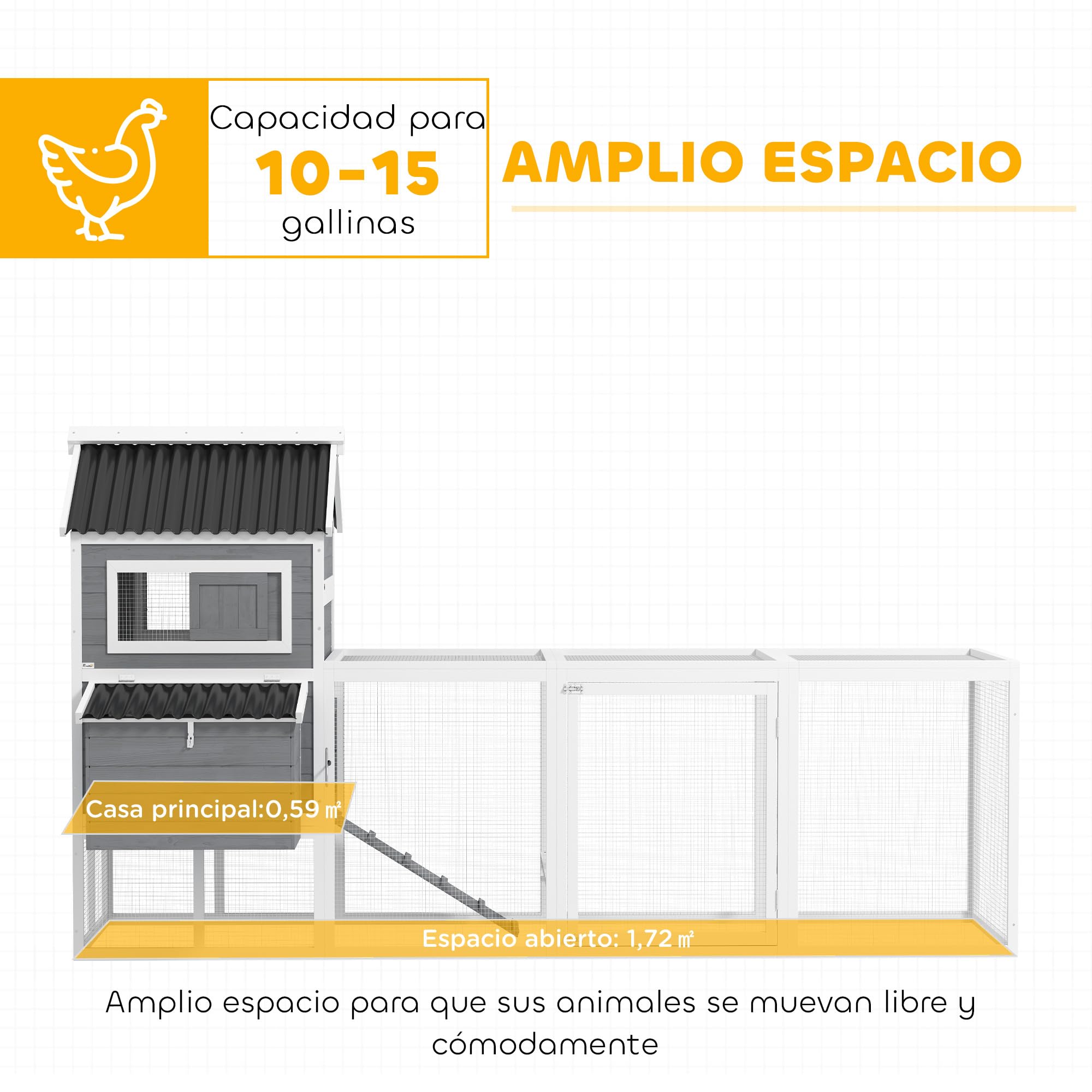 PawHut Gallinero Jaula para 10-15 Gallinas 315,5x150,5x140,5 cm Gris | para Exterior, de Madera, Grande, con Perchas, Columpio, Rampa, Bandeja Extraíble