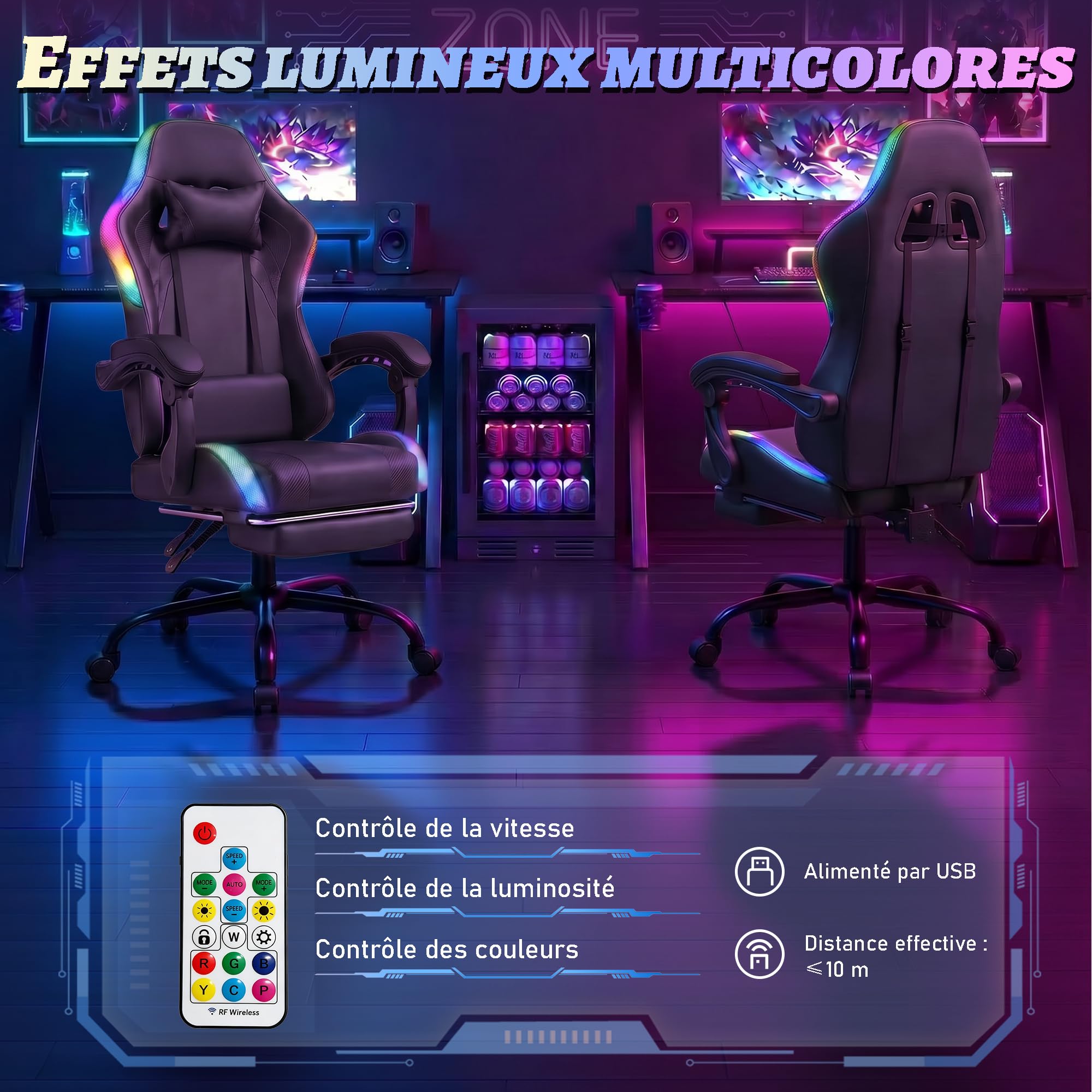 Devoko Chaise Gaming Ergonomique avec LED RGB, Massage Lombaire & Repose-Pieds – Fauteuil Gamer avec Appui-tête réglable – Dossier inclinable & Hauteur Ajustable – 180 kg,Noir