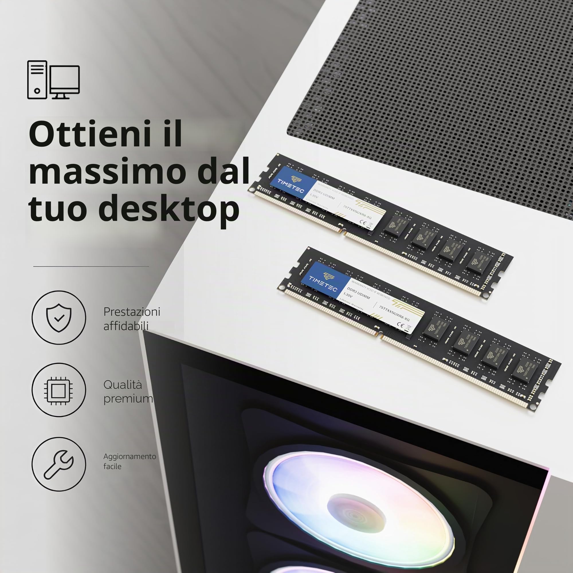 Timetec 8GB KIT (2x4GB) DDR3 1333MHz PC3-10600 Non ECC Unbuffered 1.35V CL9 2Rx8 Dual Rank 240 Pin UDIMM Desktop PC RAM Modulo di Memoria Aggiornamento