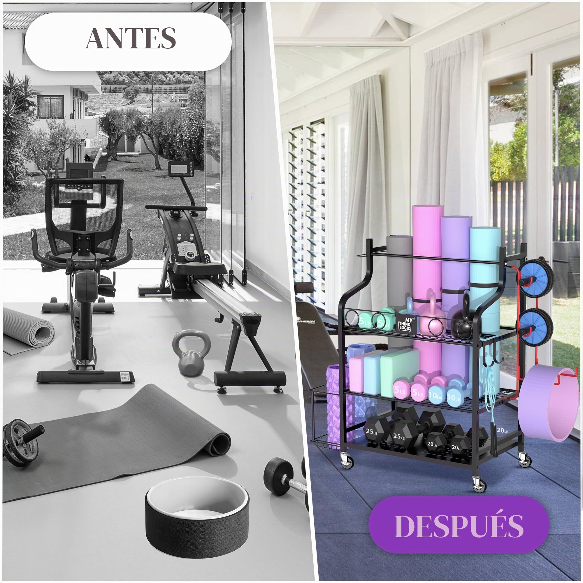 Mythinglogic Estante de Almacenamiento de Yoga Esterilla, Soporte Mancuernas También es Para Guardar Pesas Rusas, Rodillos de Espuma, Soporte Para Mancuernas con Ganchos y Ruedas