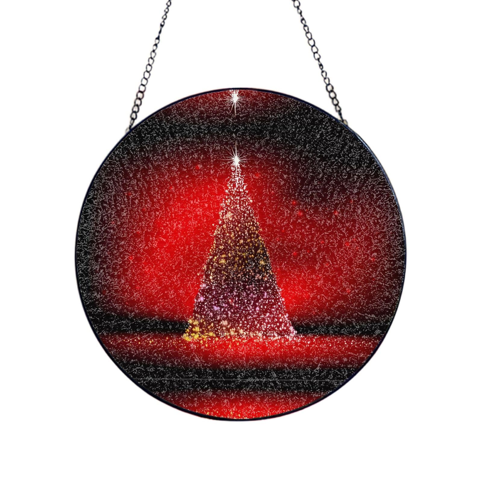 Phayah Christmas Tree Xmas Glittering Print Glass Window Hanging Round Suncatcher Glass Ornament Garden Wall Fence Decorations Indoor Outdoor 4in（10cm）