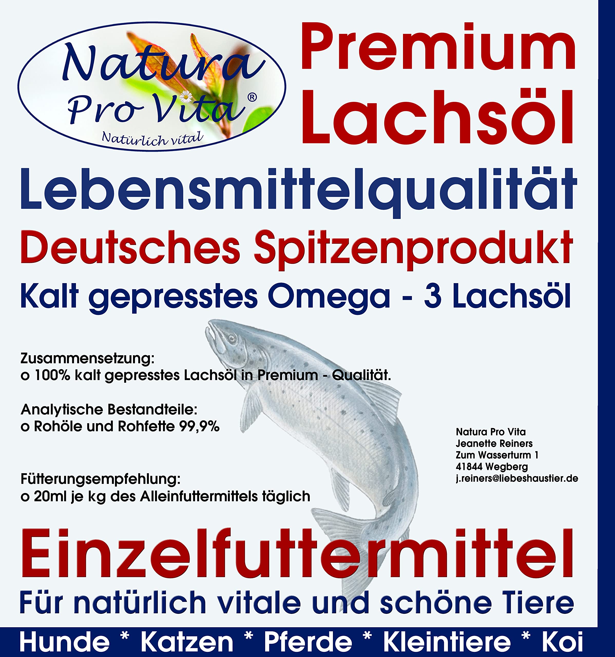 Lachsöl für Hunde Lebensmittelqualität Omega-3-Öl Natura Pro Vita kaltgepresst Fischöl gut für Haut und Fell Barföl Hund Immunkraft 20L (4X 5L)