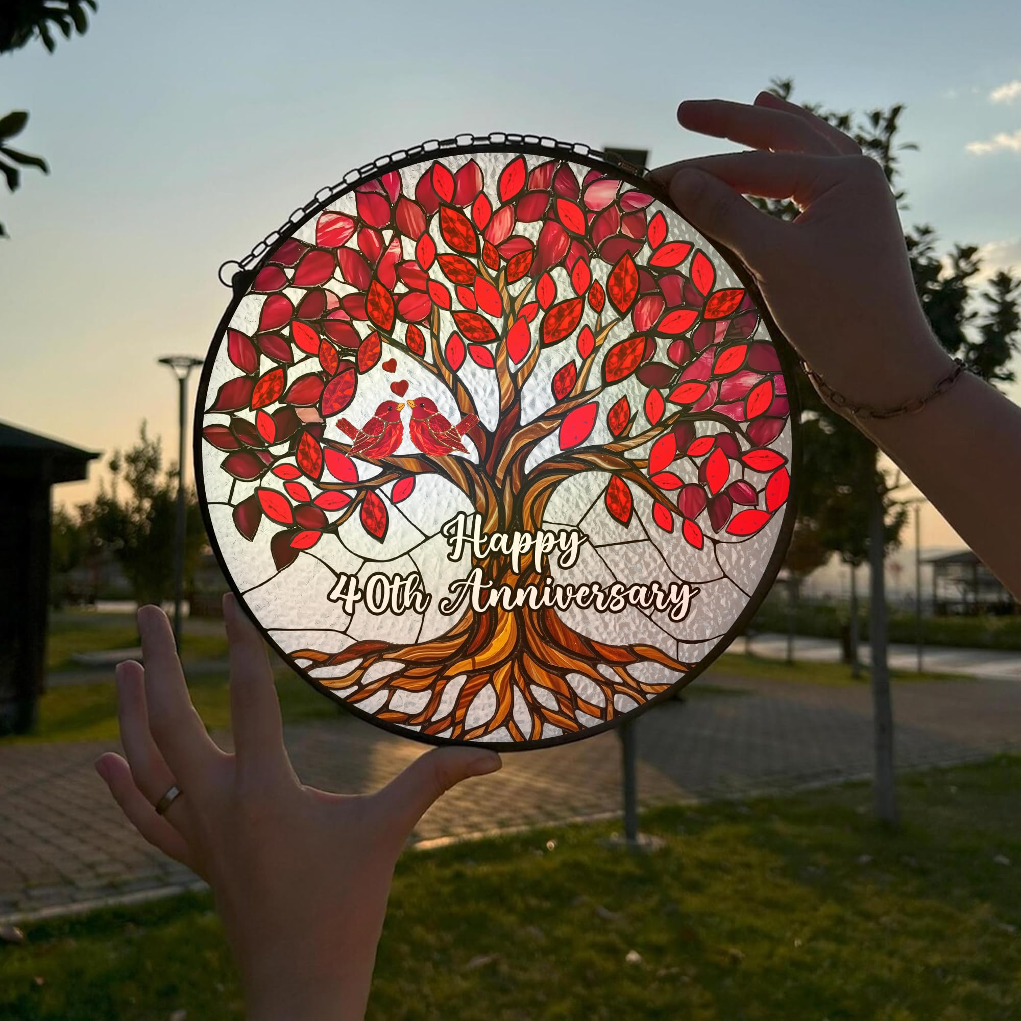 40th Wedding Anniversary Stained Glass Suncatcher, Ruby Anniversary Wedding Gifts, 6x6' Window Hanging for Couple, Wife, Husband, Parents – Unique 40th Anniversary Decorations Gifts